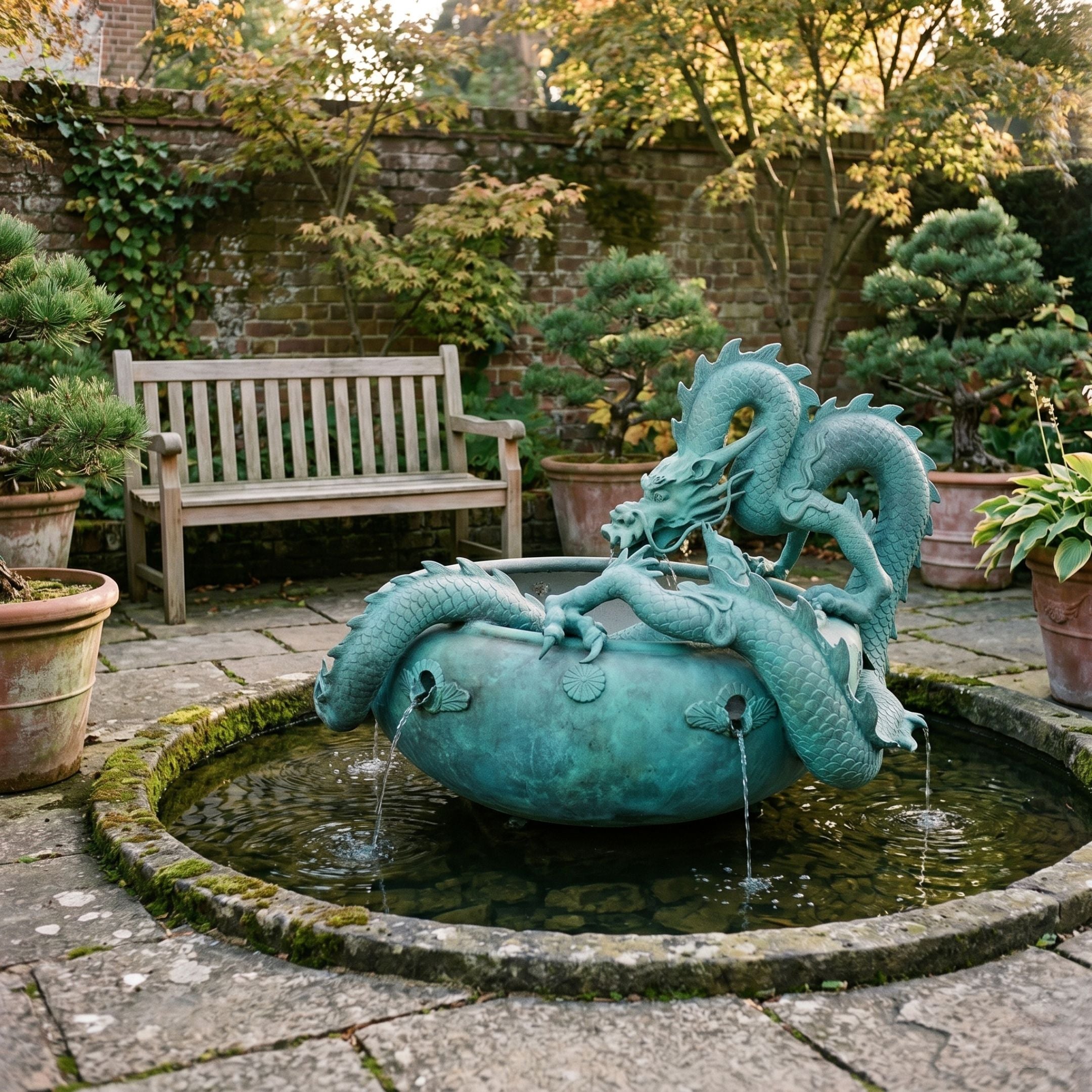 Giant Sculptures' 90cm Traditional Chinese Dragon and Fish Vessel Bronze Sculpture in verdigris patina, set in a mossy stone pond fountain beside a wooden garden bench.