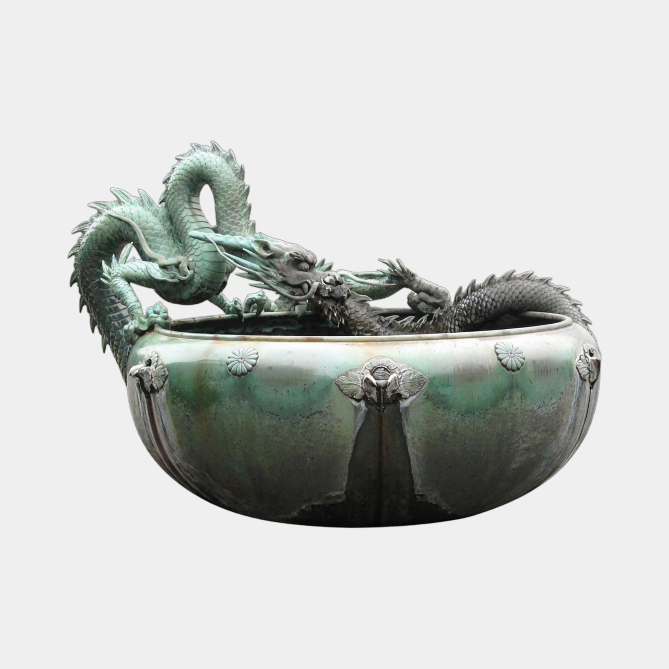 Traditional Chinese Dragon Bronze Fountain by Giant Sculptures, 90cm, with two verdigris-patinated dragons coiled across a hemispherical basin with chrysanthemum medallions.