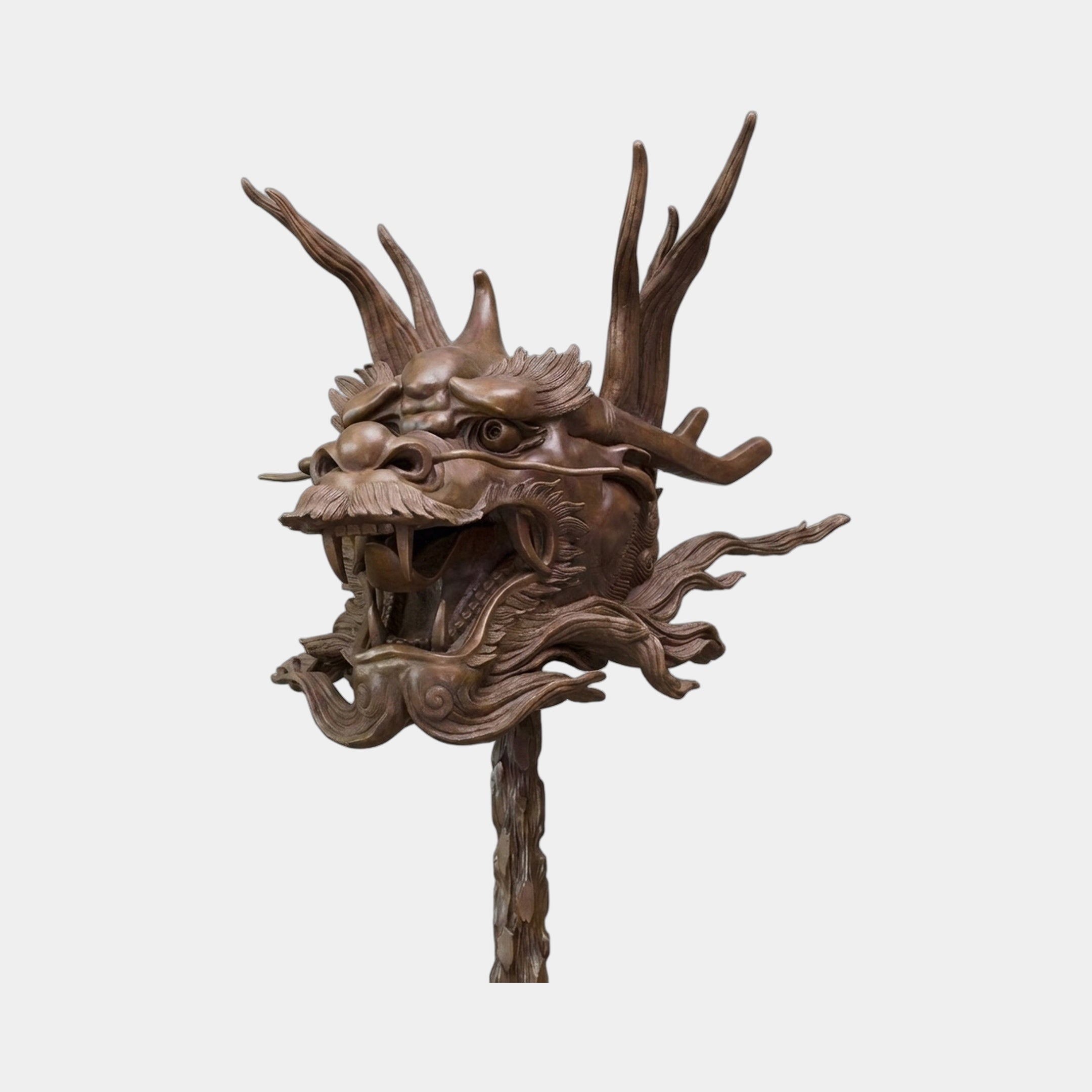 Traditional Chinese Dragon Head Bronze Sculpture by Giant Sculptures, 45cm tall with roaring jaws, branching horns and flowing mane on a twisted staff.