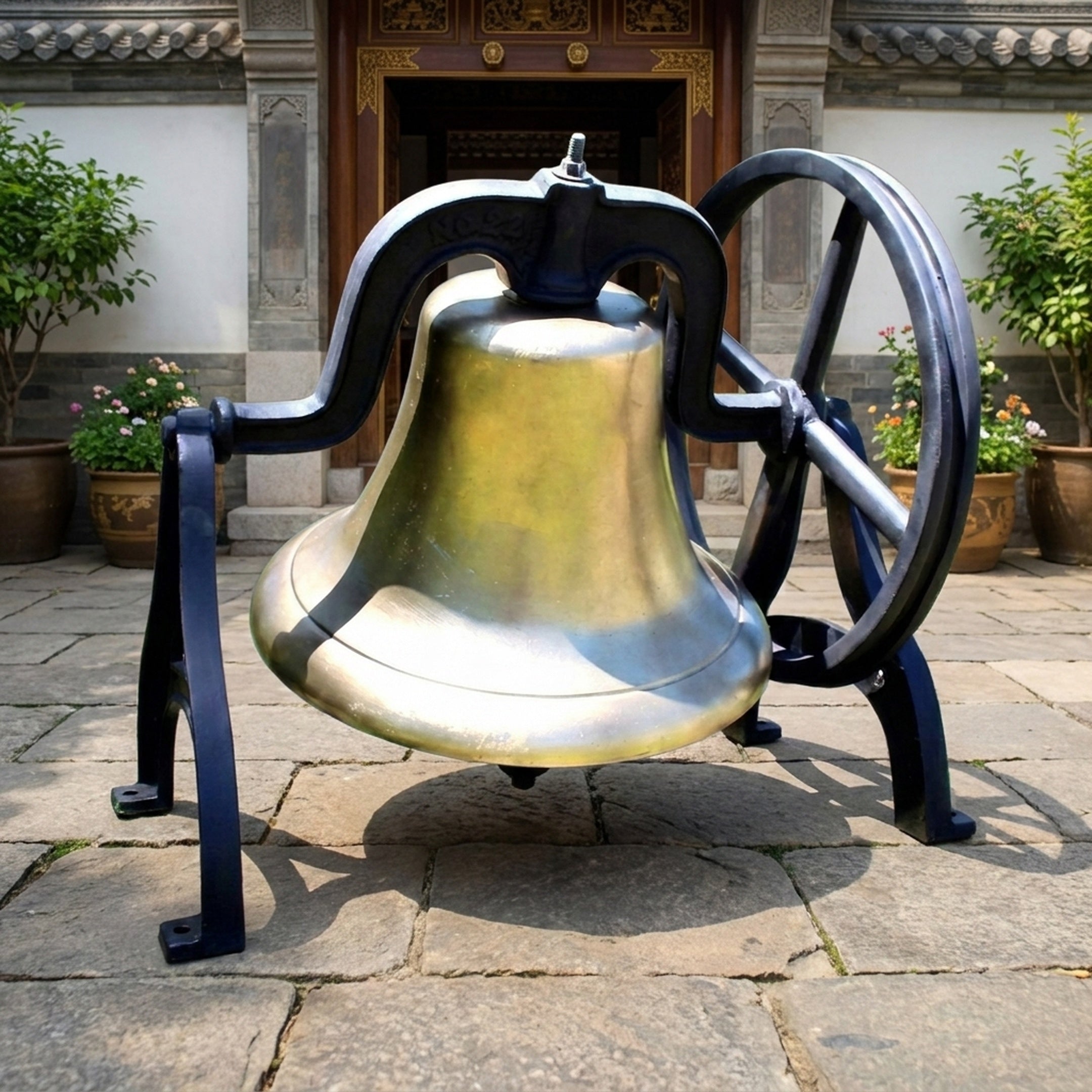 Traditional Church Bell Bronze Sculpture by Giant Sculptures, 90cm golden bronze bell in a black scrolled iron yoke with spoked wheel, set on stone paving.