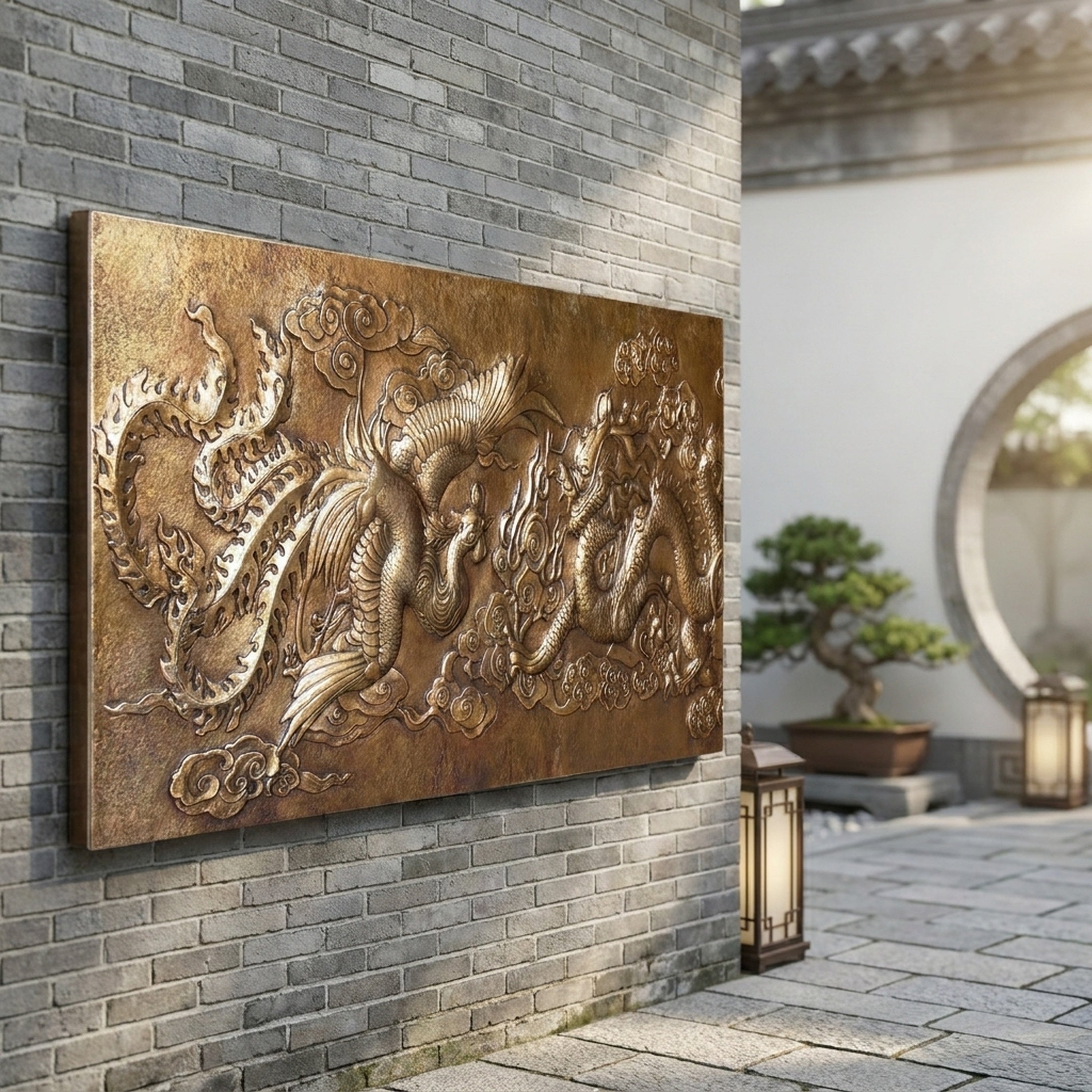 Giant Sculptures' Traditional Dragon and Phoenix Bronze Relief 80cm mounted on a grey brick wall in a Chinese courtyard with bonsai and moon gate.