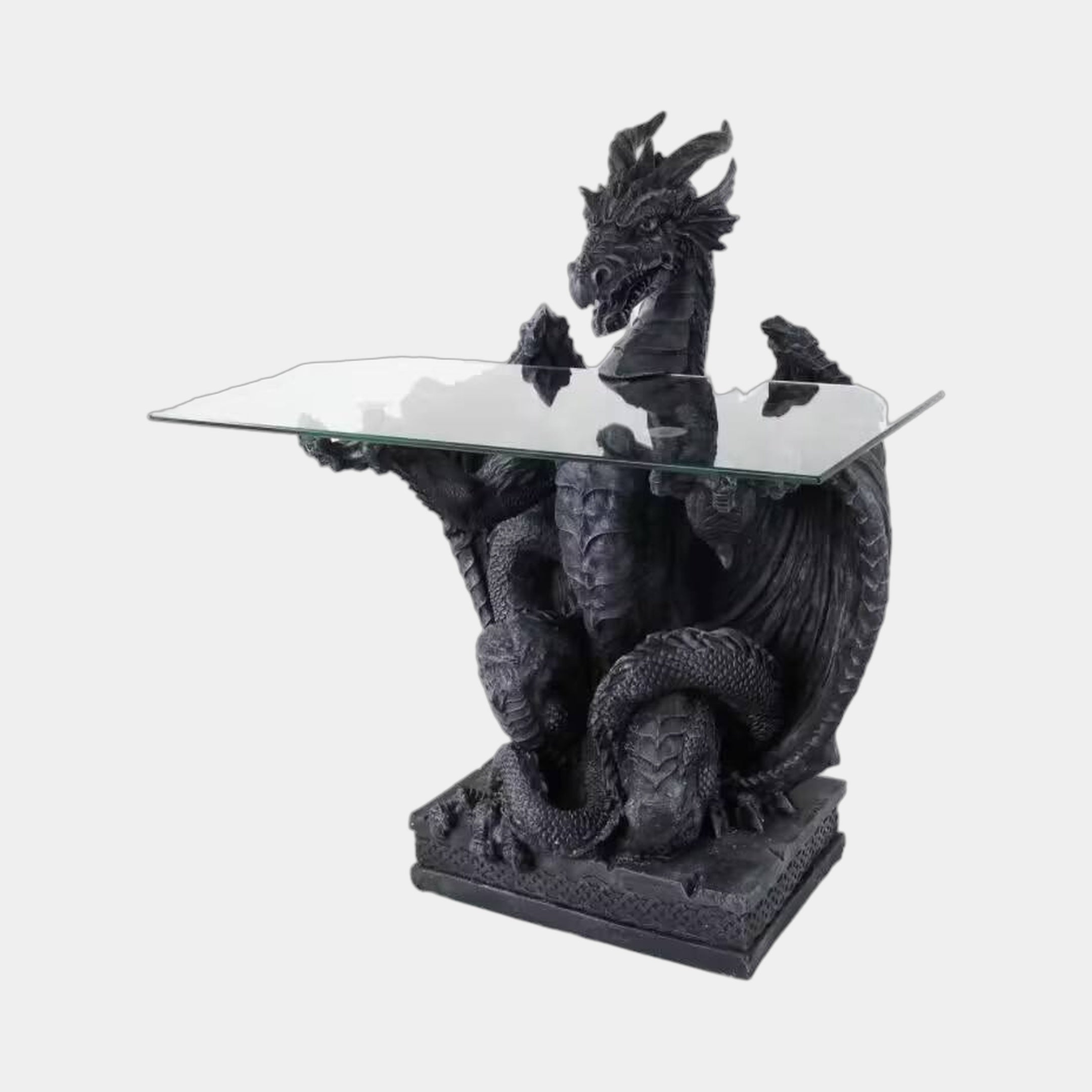 Traditional Dragon Coffee Table Bronze Sculpture by Giant Sculptures, 85cm rearing black-patina dragon with spread wings holding a rectangular glass top on a plinth.