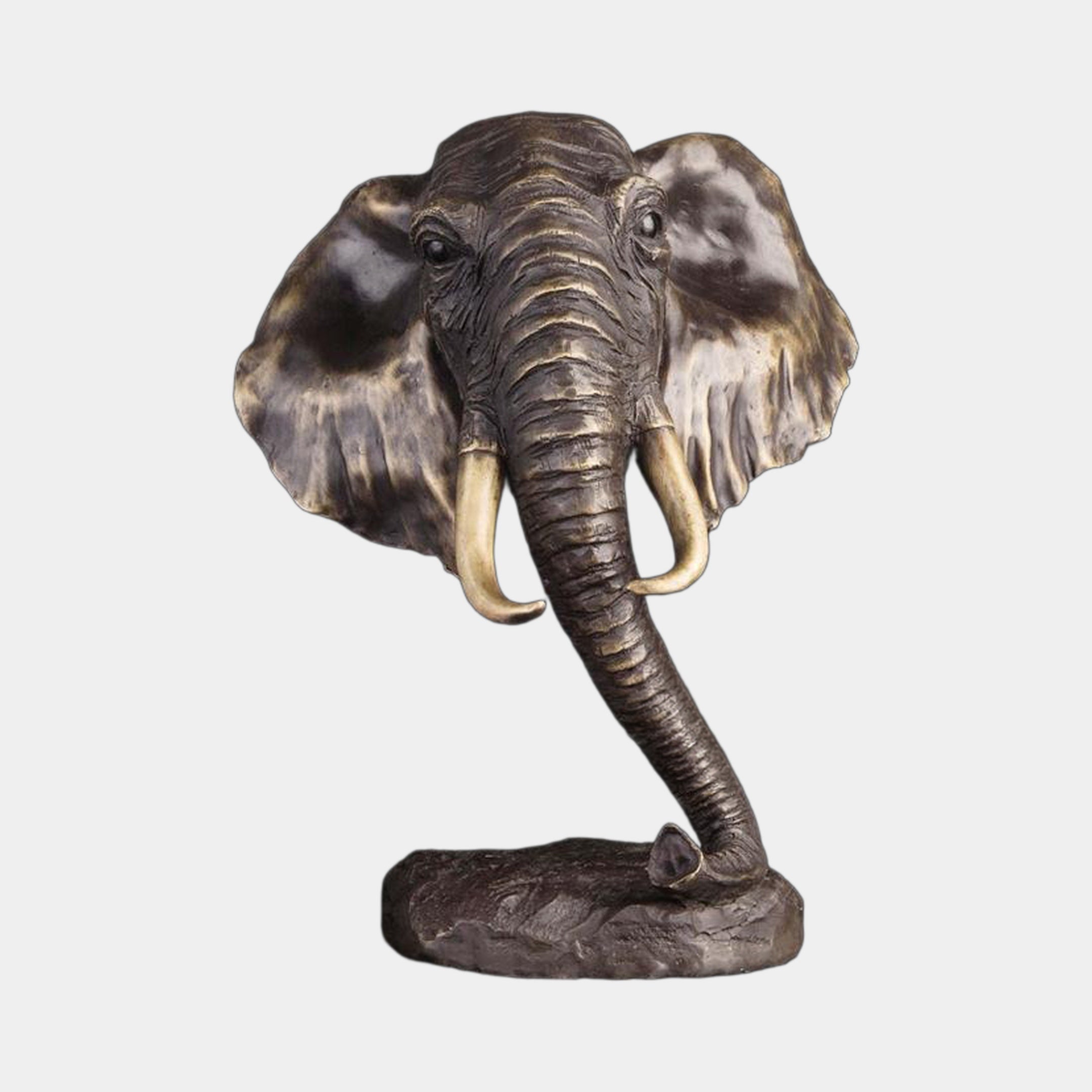 Traditional Elephant Head Bronze Bust 45cm by Giant Sculptures, front view with spread ears, ivory-toned tusks, and curled trunk resting on a textured base.