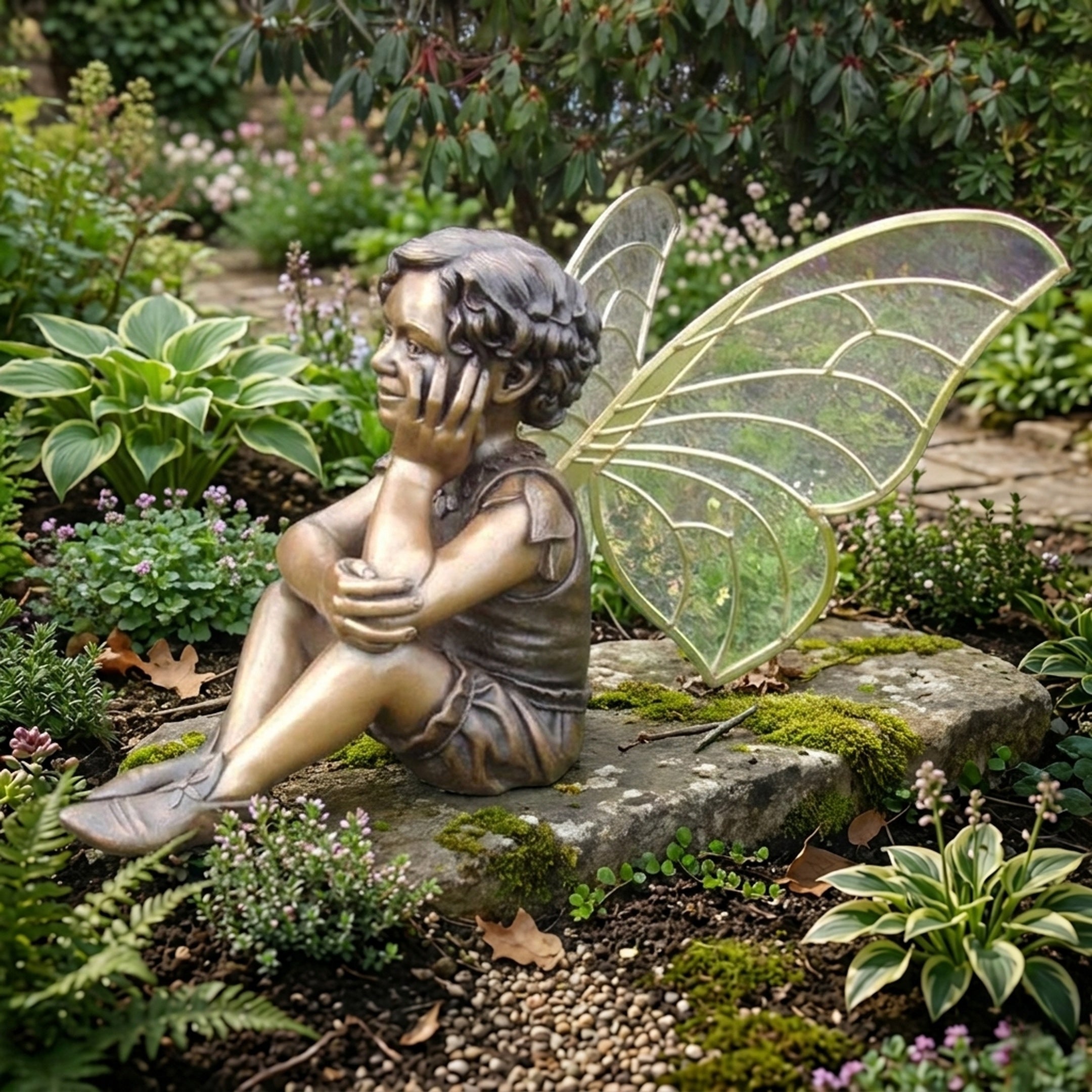 Traditional Fairy Boy Child Bronze Sculpture by Giant Sculptures, seated on a mossy stone in a lush garden with iridescent gold-veined wings extended.
