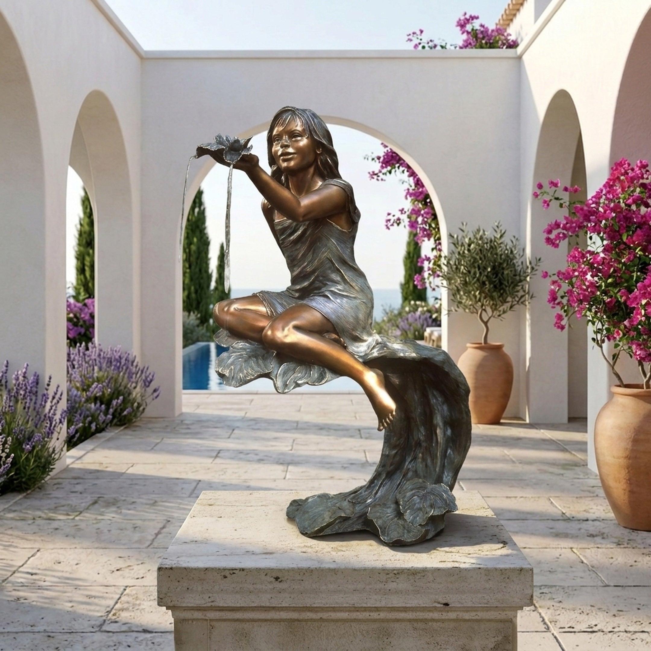 Traditional Girl with Shell Fountain Bronze Sculpture by Giant Sculptures, 110cm, seated on a wave-form base pouring water from a shell, displayed on a stone plinth in a sunlit Mediterranean courtyard.