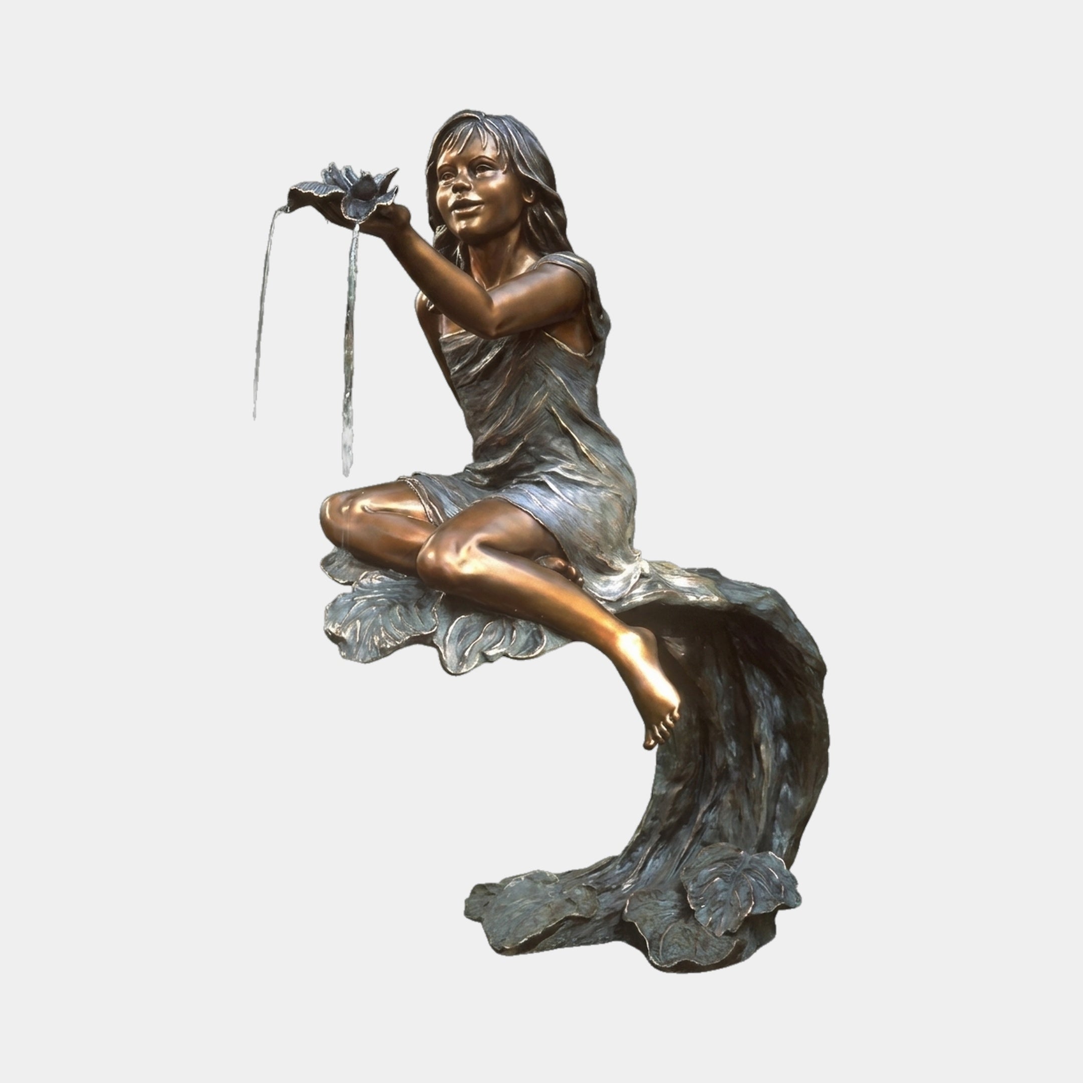 Traditional Girl with Shell Fountain Bronze Sculpture by Giant Sculptures, 110cm, girl seated on wave-form base pouring water from a shell, plain background.