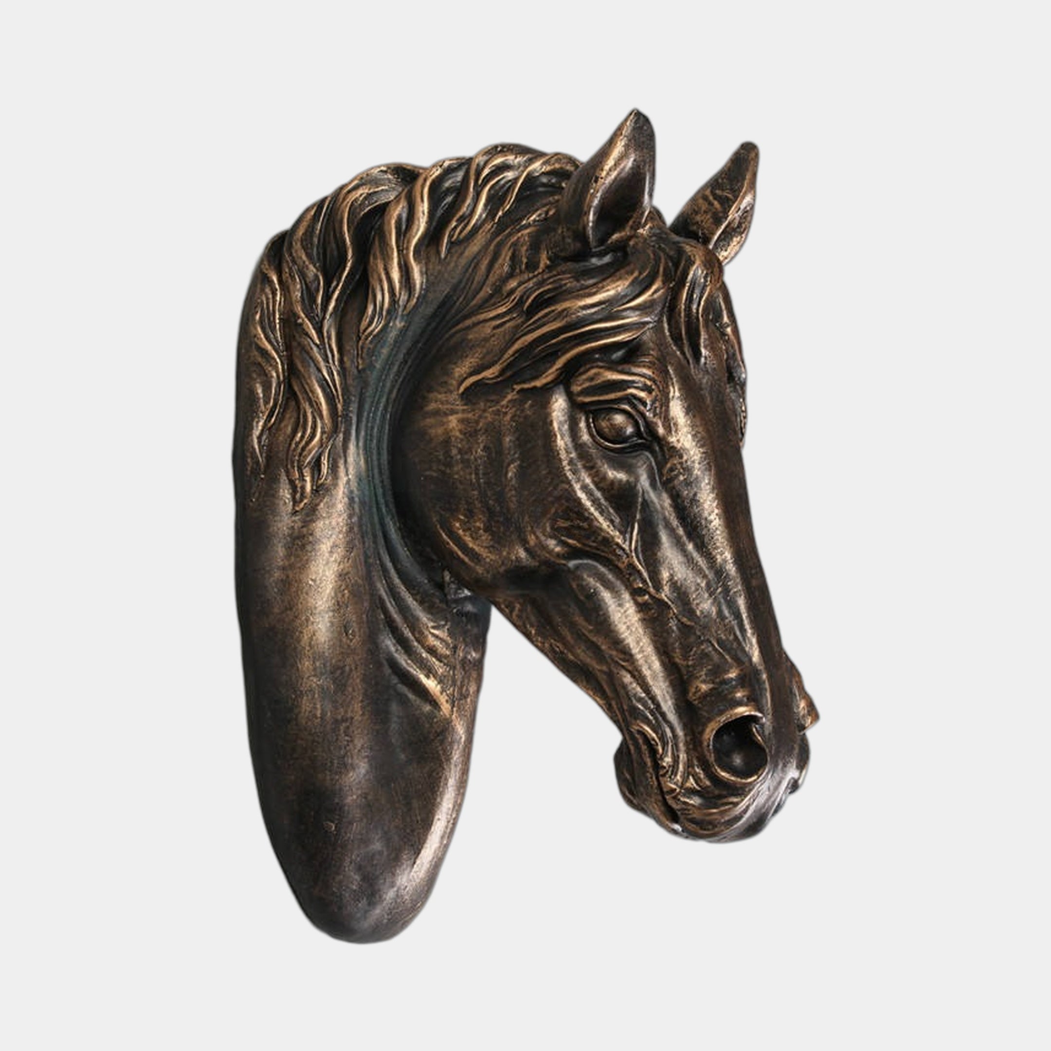 Traditional Horse Head Bronze Relief 80cm by Giant Sculptures, three-quarter profile with flowing mane on an oval backplate, dark brown patina with gold highlights.