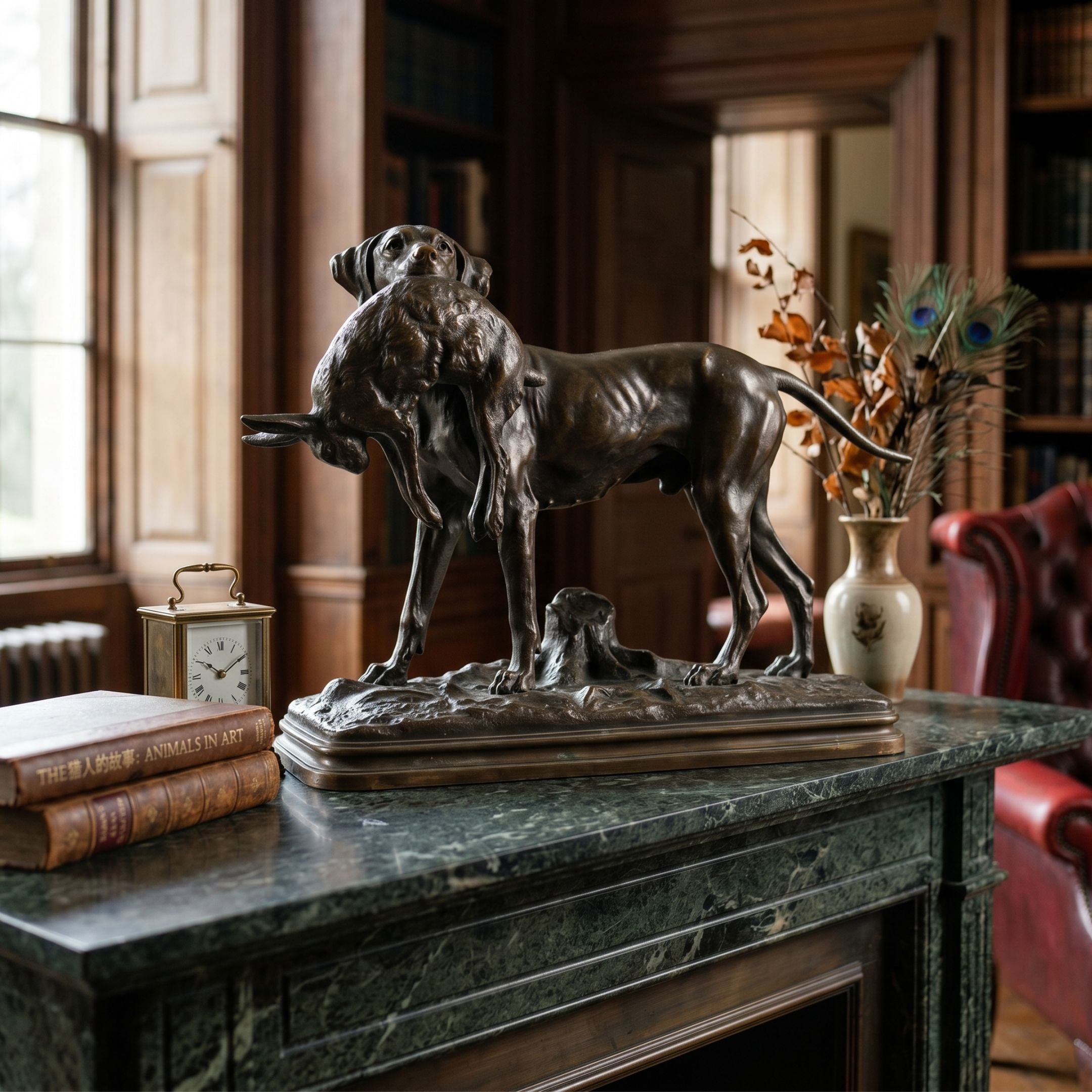 Giant Sculptures Traditional Hunting Dog with Hare Bronze Sculpture 40cm on a green marble mantel beside leather books and a brass carriage clock in a library.
