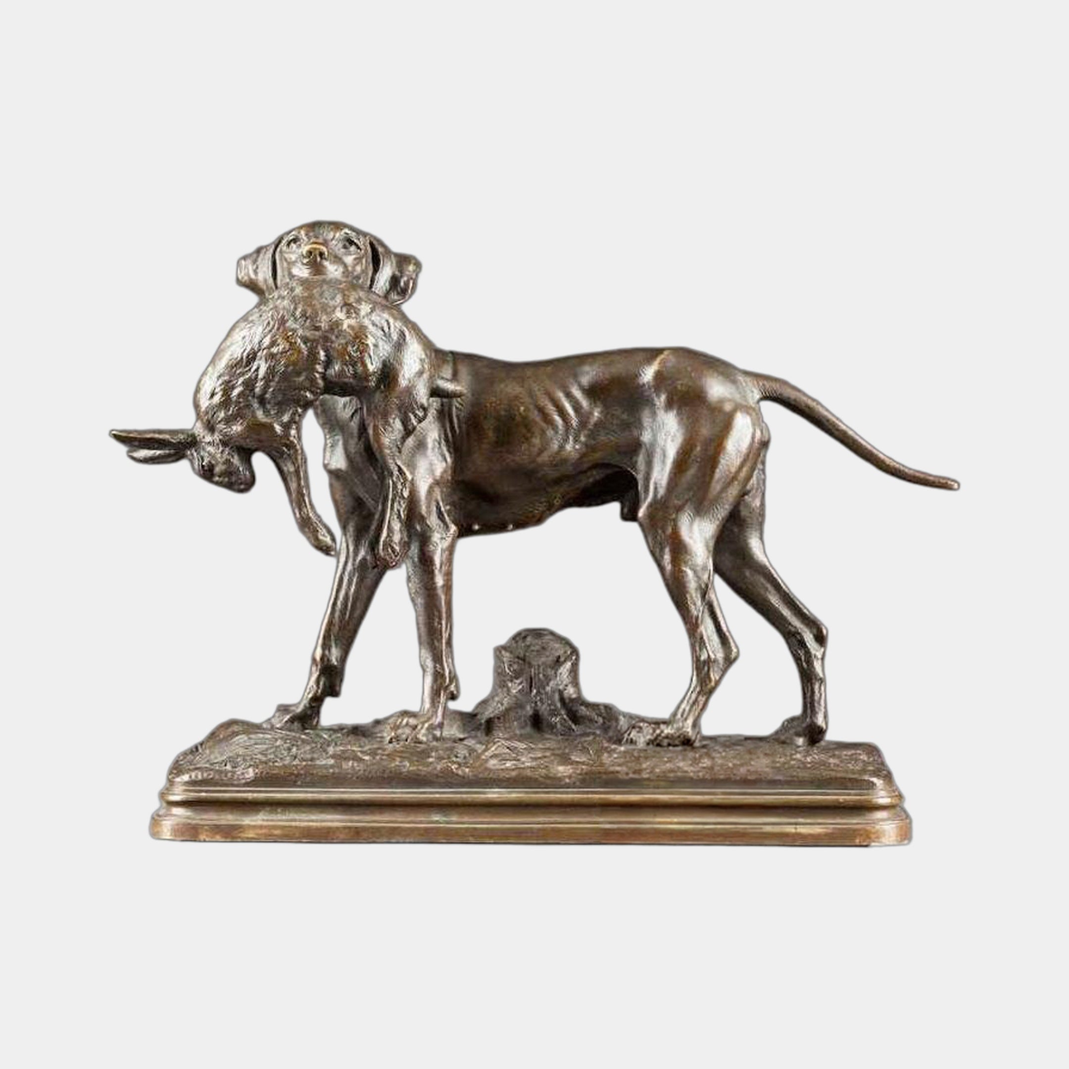 Giant Sculptures Traditional Hunting Dog with Hare Bronze Sculpture 40cm, dog standing with hare in jaws on a stepped base, warm brown patina, plain background.