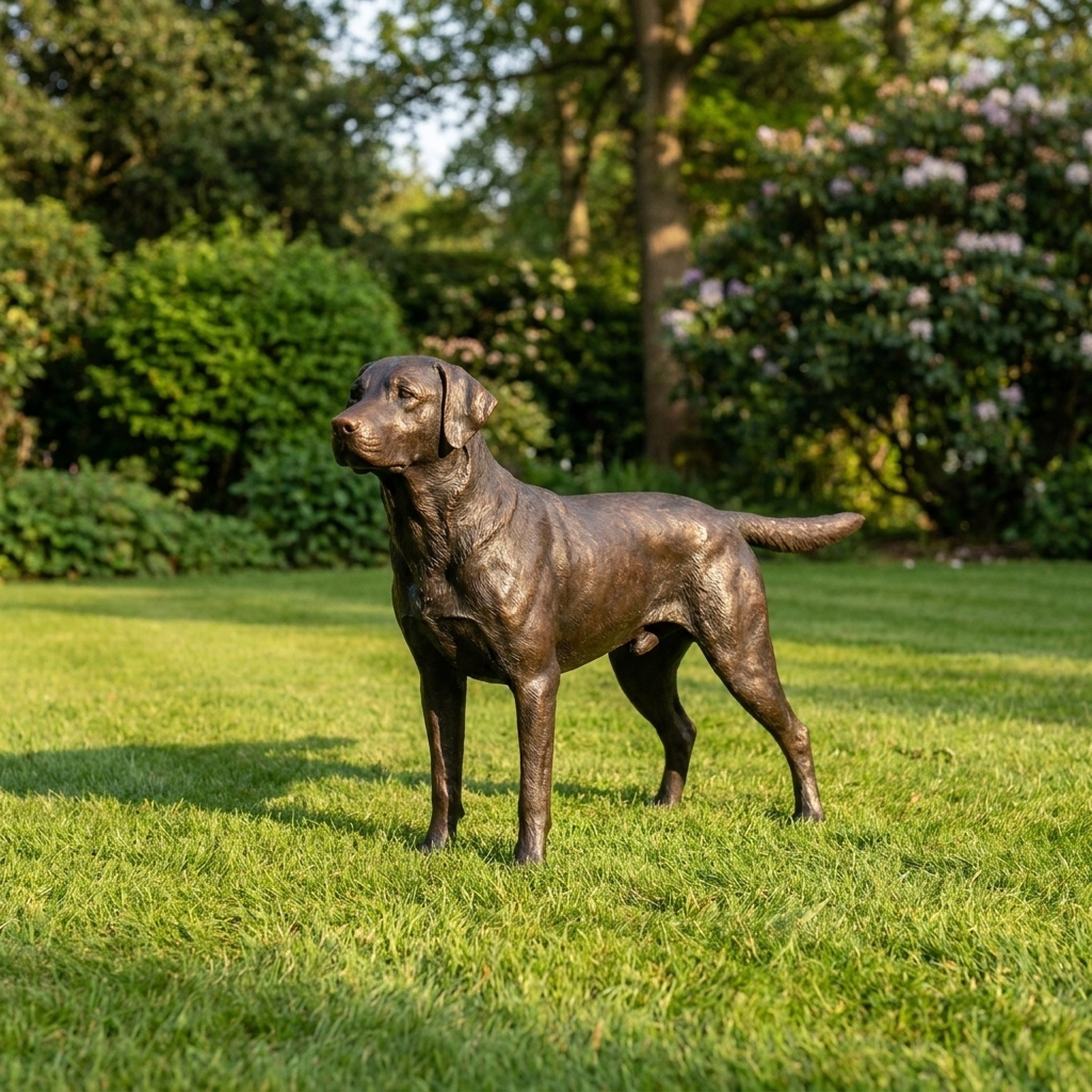 Traditional Labrador Retriever Dog Bronze Sculpture 80cm by Giant Sculptures, shown in side profile on a lawn with green shrubs and trees behind.