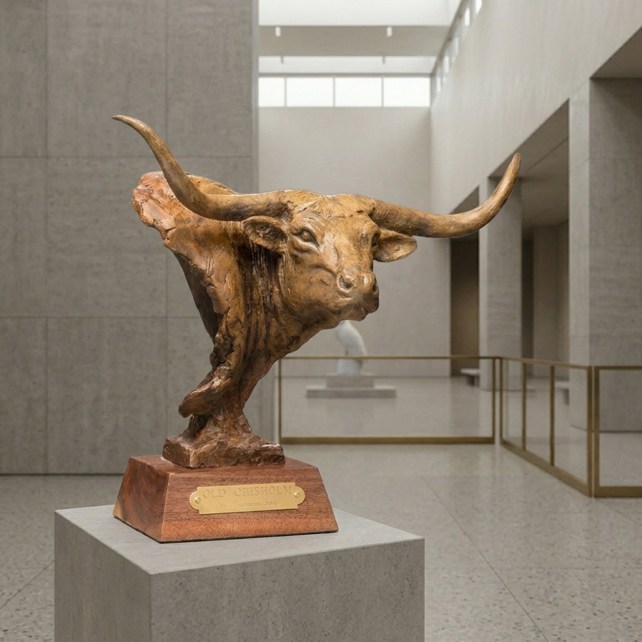 Traditional Longhorn Bull Head Bronze Bust by Giant Sculptures on a stepped hardwood plinth with brass "Old Chisholm" nameplate, displayed in a gallery interior.