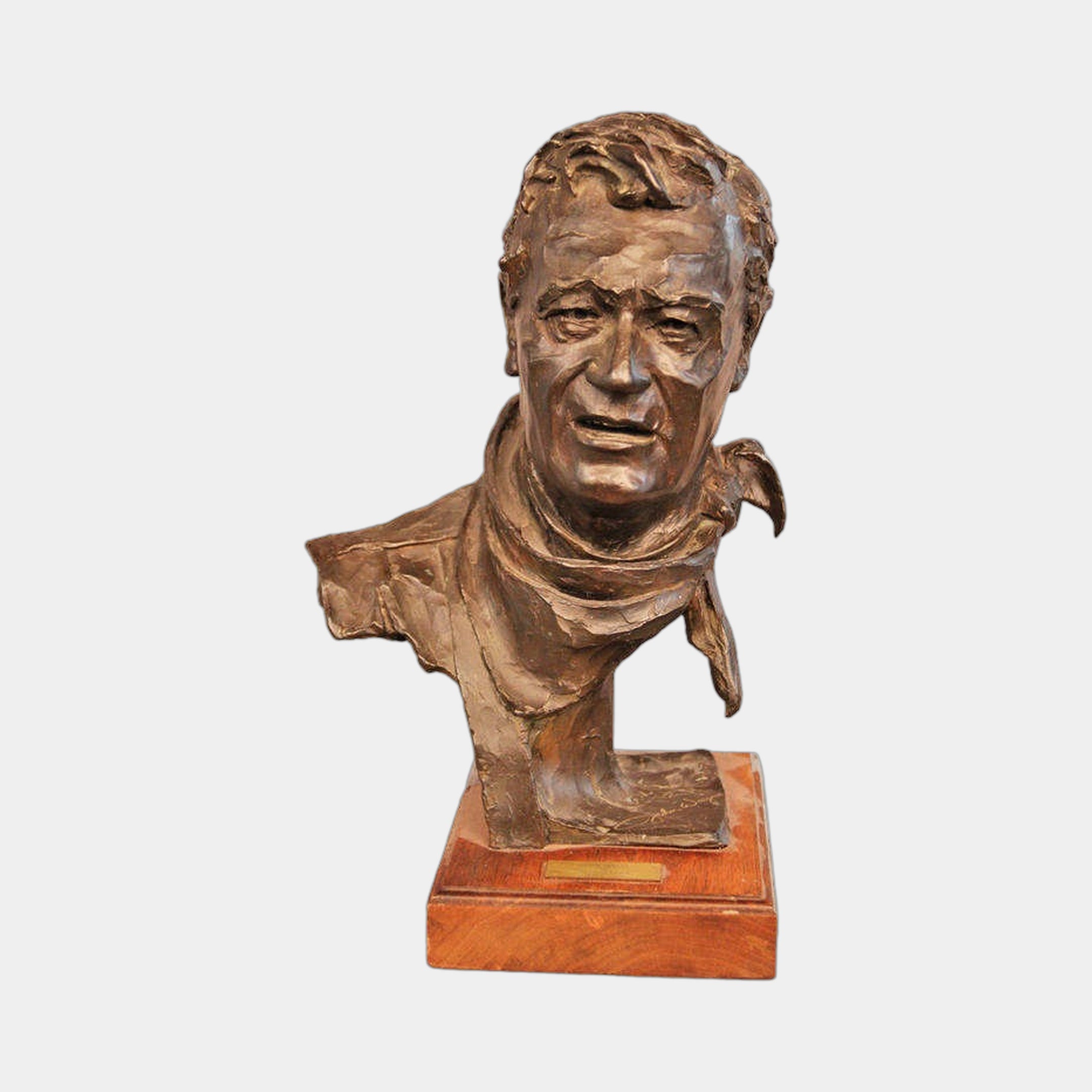Traditional Man with Neckerchief Bronze Bust by Giant Sculptures, forward-facing portrait with warm brown patina, mounted on a honey-toned wooden plinth.
