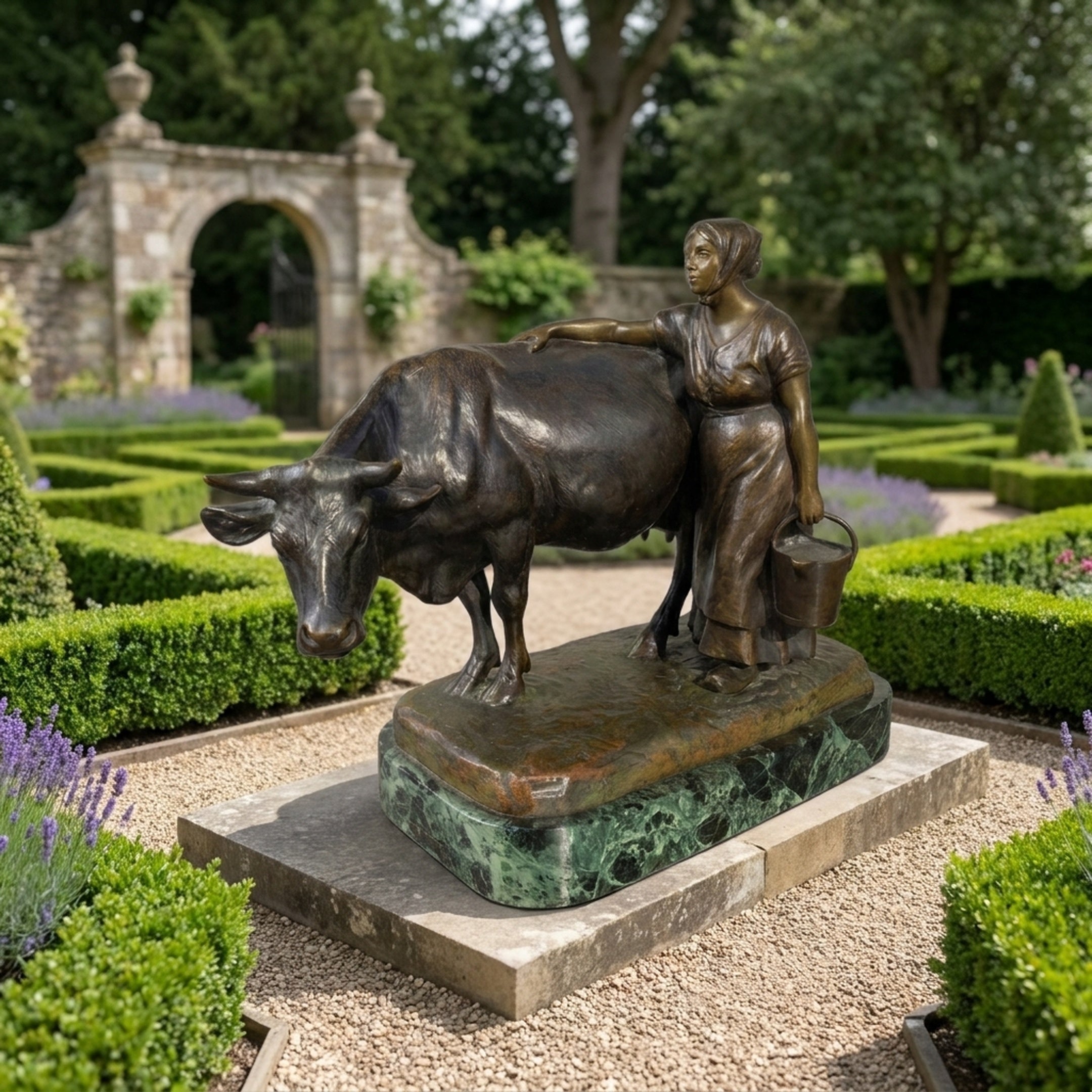 Traditional Milkmaid and Bull Bronze Sculpture by Giant Sculptures on a green marble plinth, displayed in a formal hedged garden with stone archway behind.