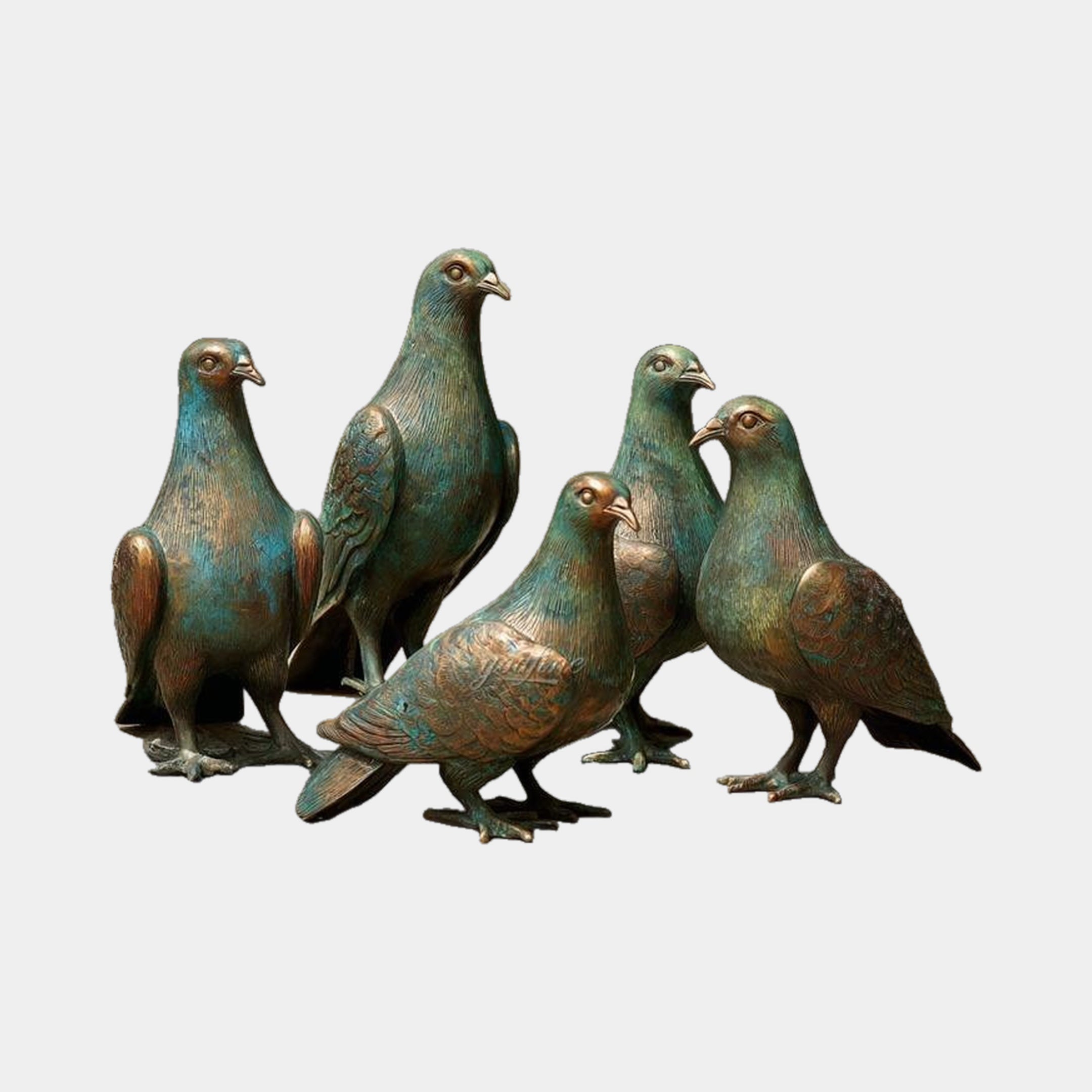 Traditional Pigeon Flock Bronze Sculpture 35cm by Giant Sculptures, five cast pigeons with antique verdigris and copper patina on a plain background.