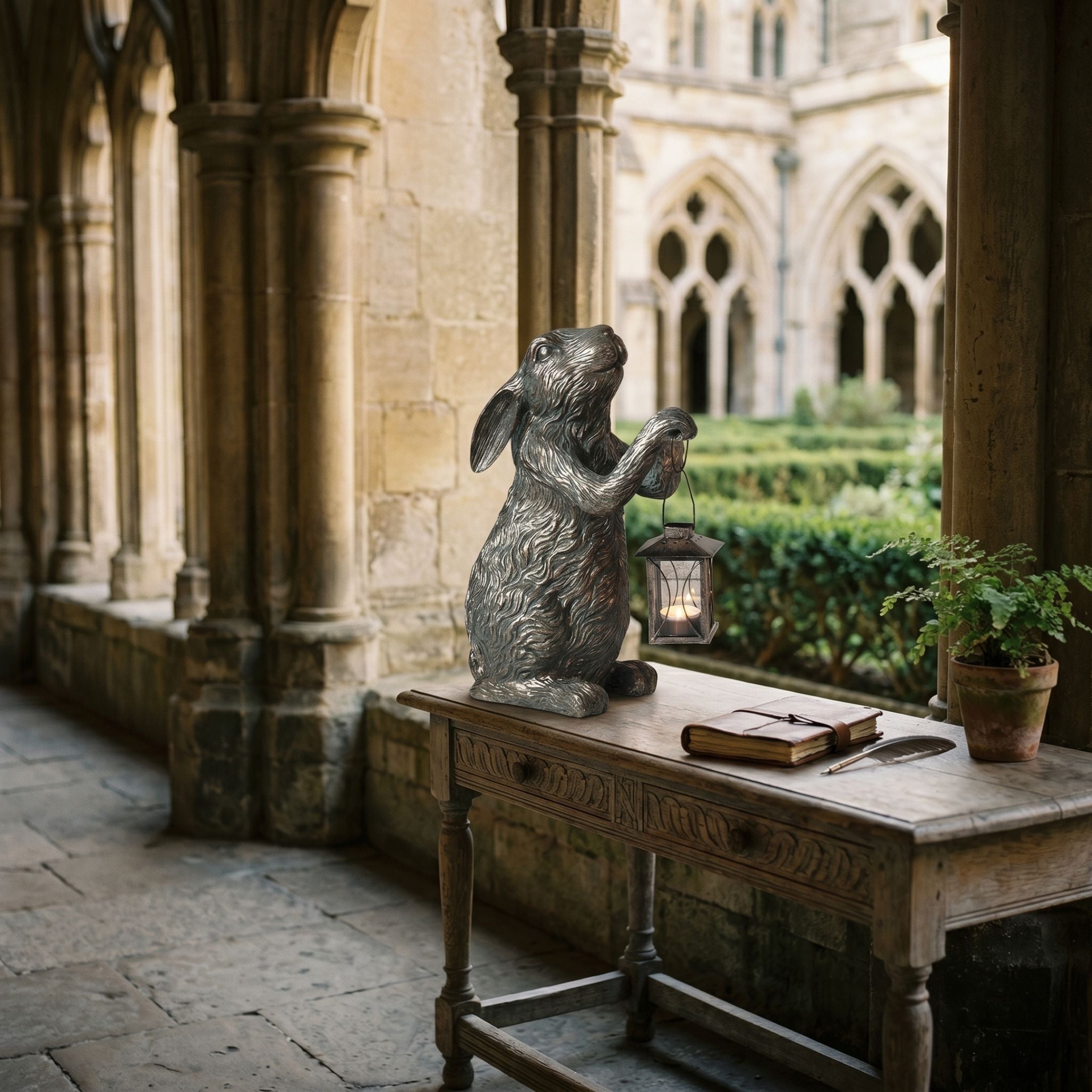 Traditional Rabbit with Lantern Bronze Sculpture by Giant Sculptures on a carved wooden table in a Gothic cloister, holding a lit candle lantern.