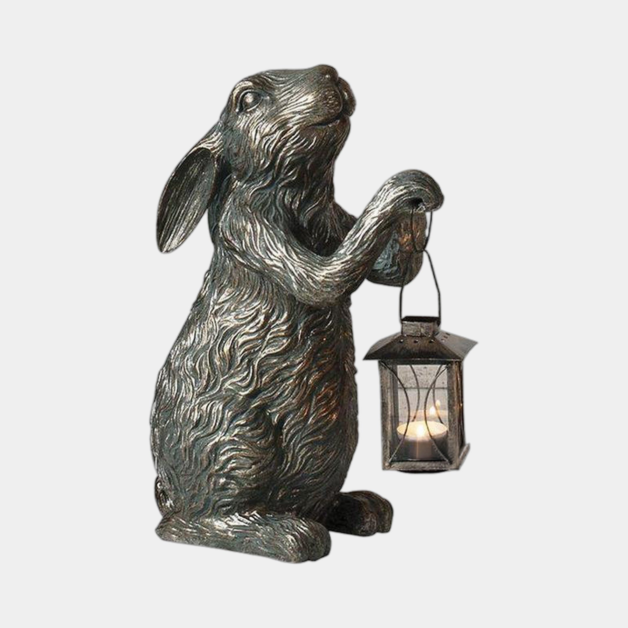 Giant Sculptures Traditional Rabbit with Lantern Bronze Sculpture 50cm, rearing upright with ears back, holding a glass-panelled candle lantern, on plain background.