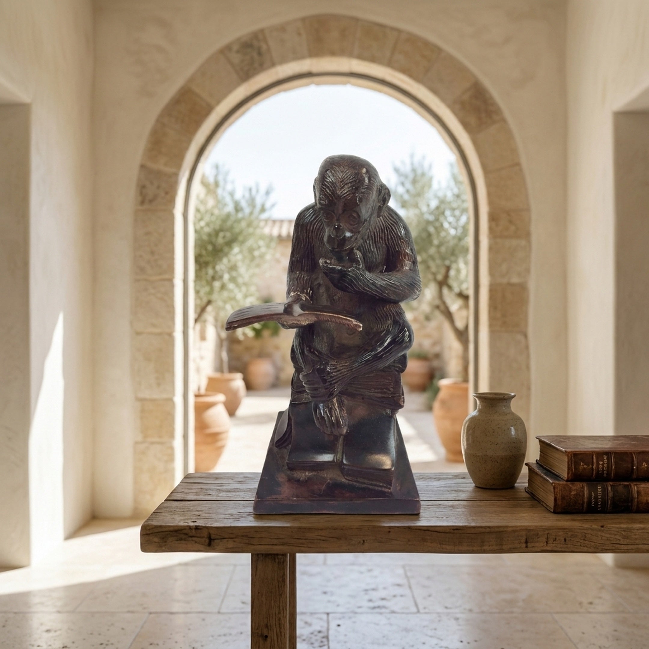 Traditional Reading Monkey Bronze Sculpture by Giant Sculptures displayed on a rustic wooden table beside leather books, with a stone archway opening to an olive grove behind.