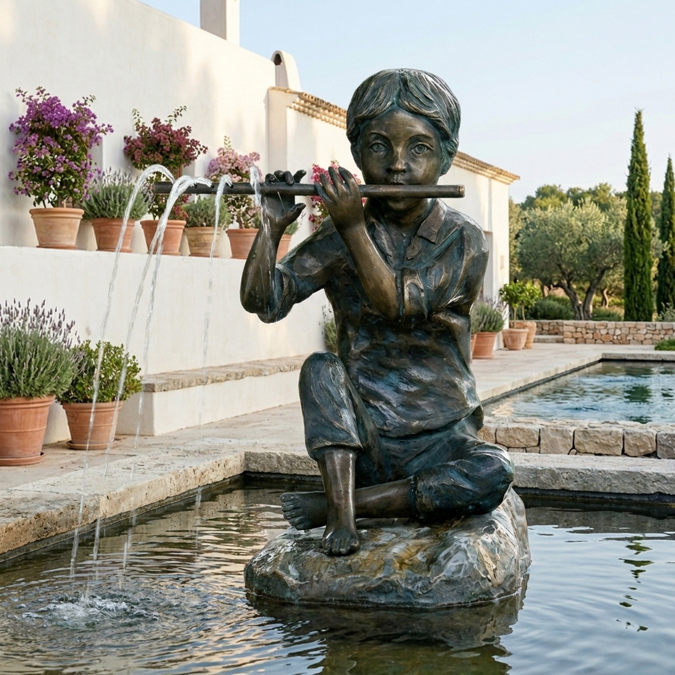 Giant Sculptures Traditional Seated Boy Playing Flute Bronze Fountain set on a stone rock in a pond, with water arcing from the flute beside potted flowers.