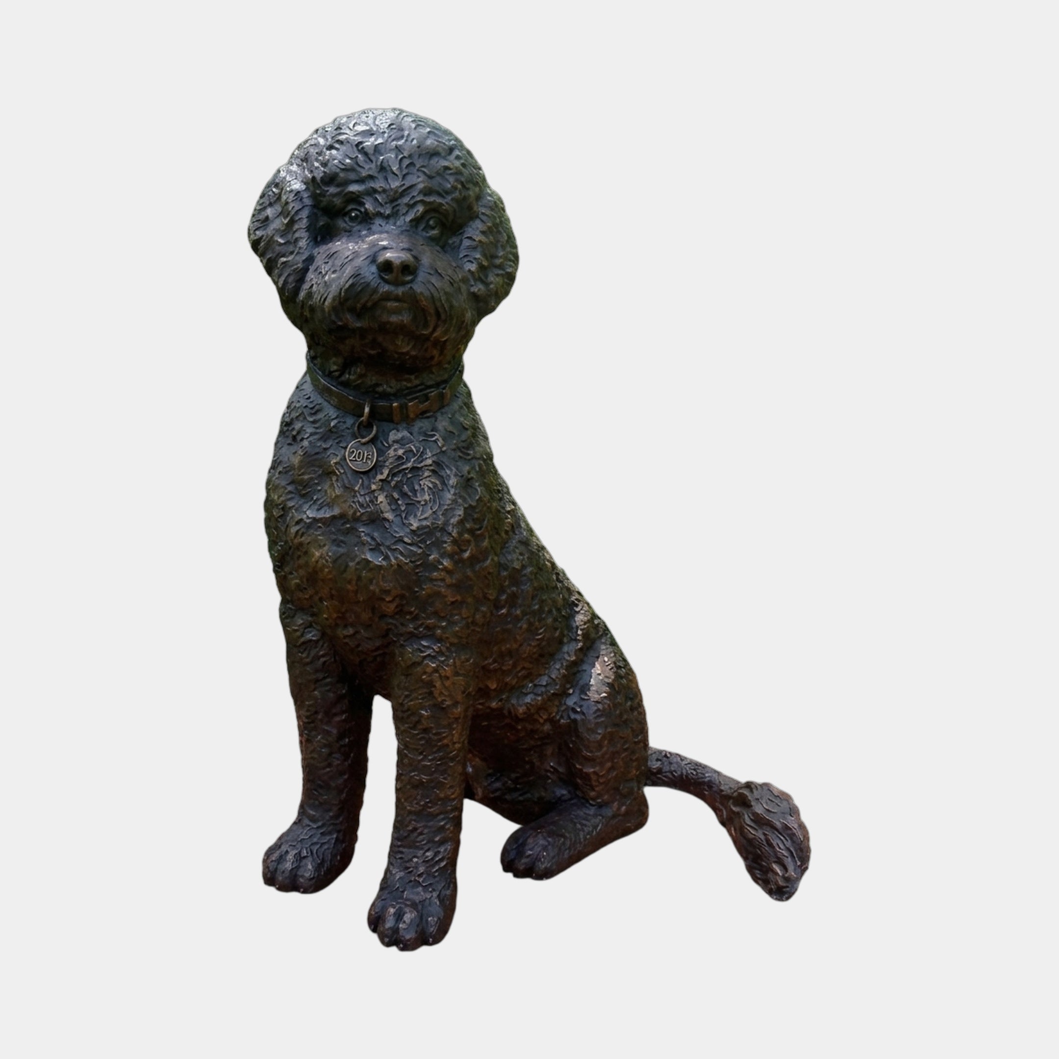 Giant Sculptures Traditional Seated Curly-Haired Dog Bronze Sculpture 70cm, shown front-on with collar and tag, dark brown-black patina, on a plain background.