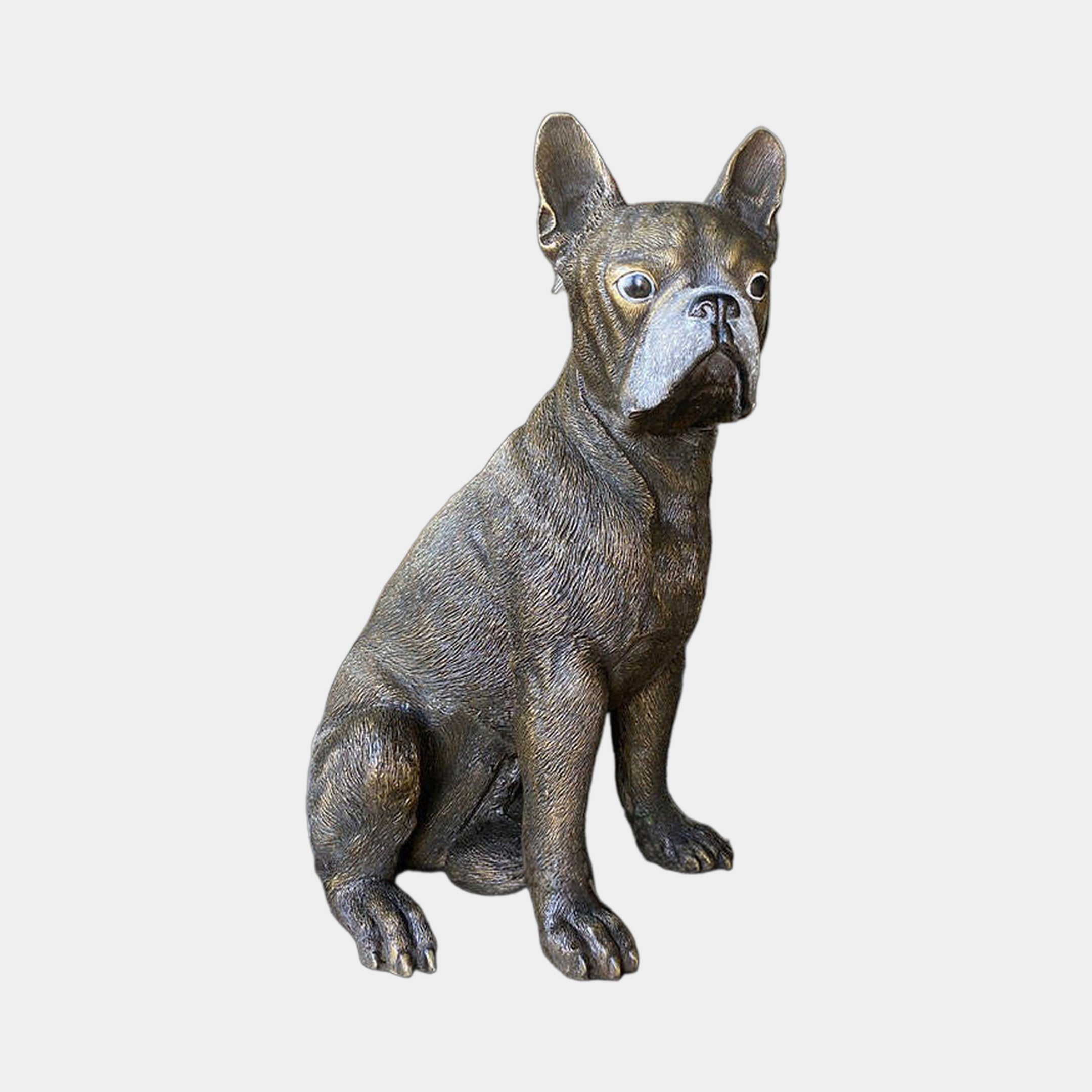Traditional Seated French Bulldog Bronze Sculpture by Giant Sculptures, 60cm tall with dark antique patina and silver-grey muzzle, shown against a plain light background.