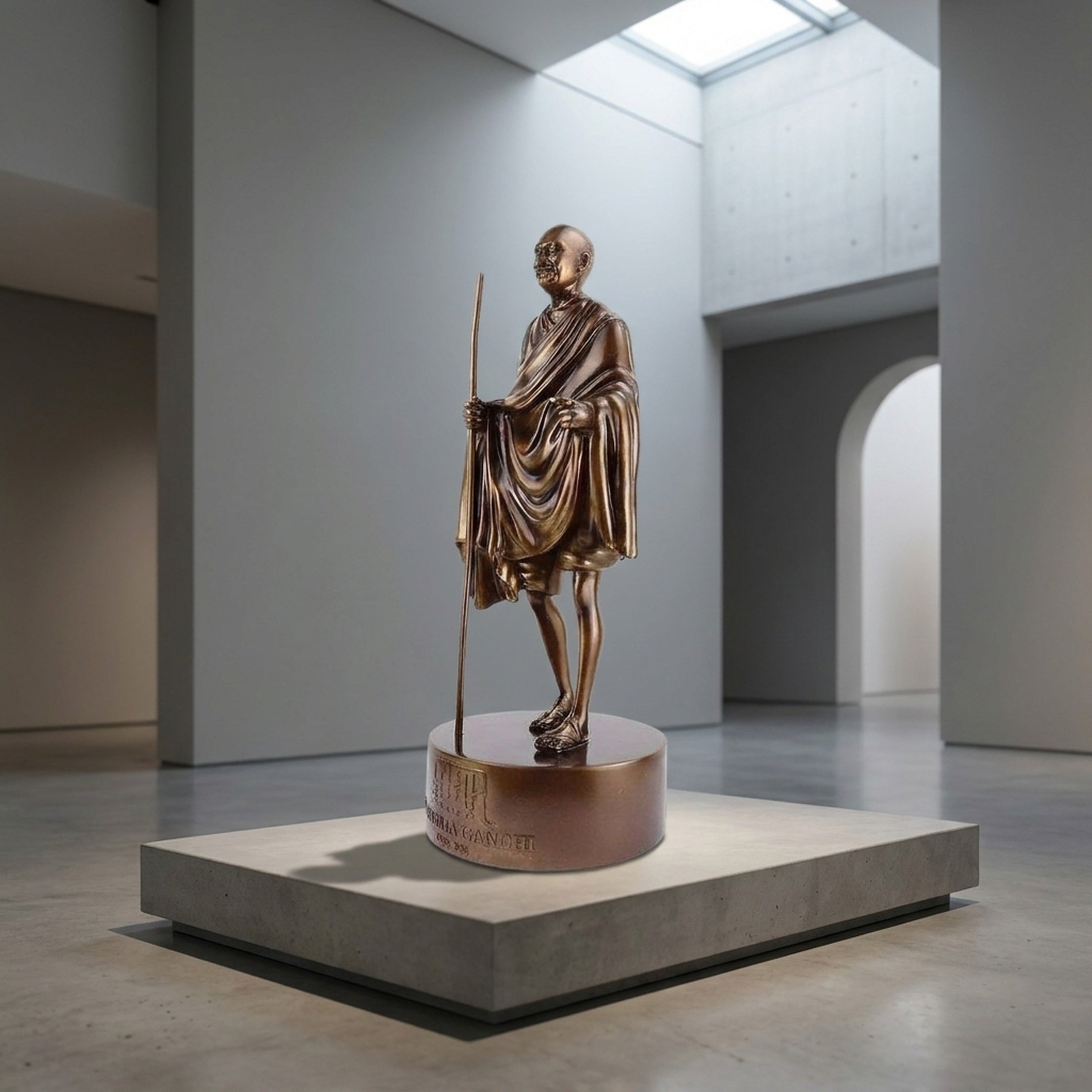 Traditional Standing Gandhi Figure Bronze Statue by Giant Sculptures, 30cm, shown with staff on an inscribed cylindrical base atop a plinth in a gallery.