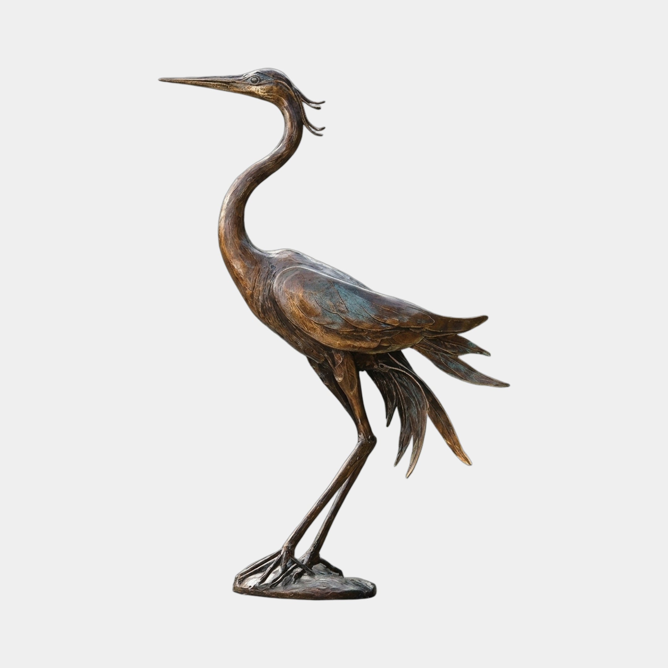 Traditional Standing Heron Bronze Sculpture by Giant Sculptures, 110cm, with arched neck and fanned tail in warm brown patina with verdigris, on a plain background.