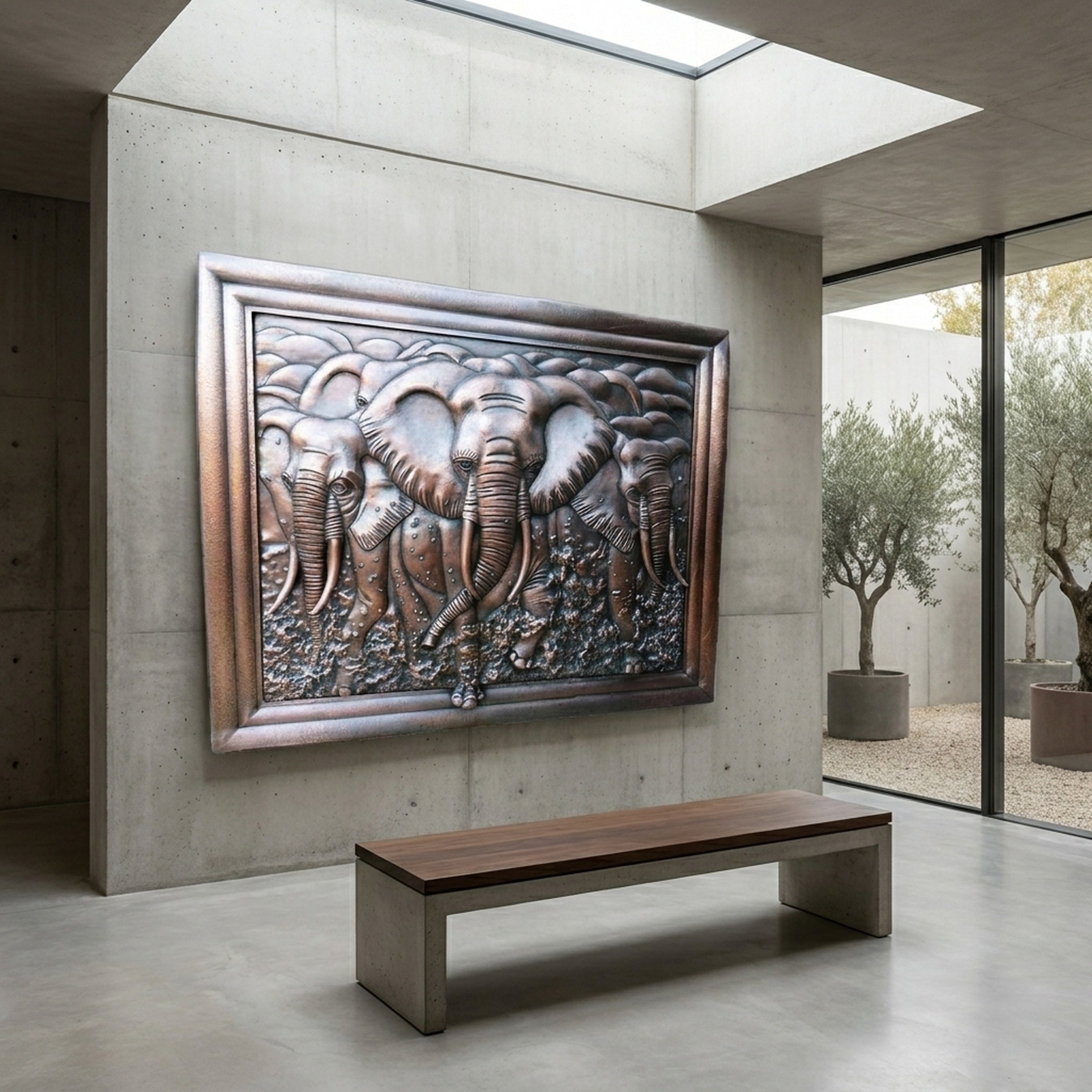Traditional Three Elephants Advancing Bronze Relief by Giant Sculptures mounted on a concrete wall above a wooden bench in a skylit minimalist interior.