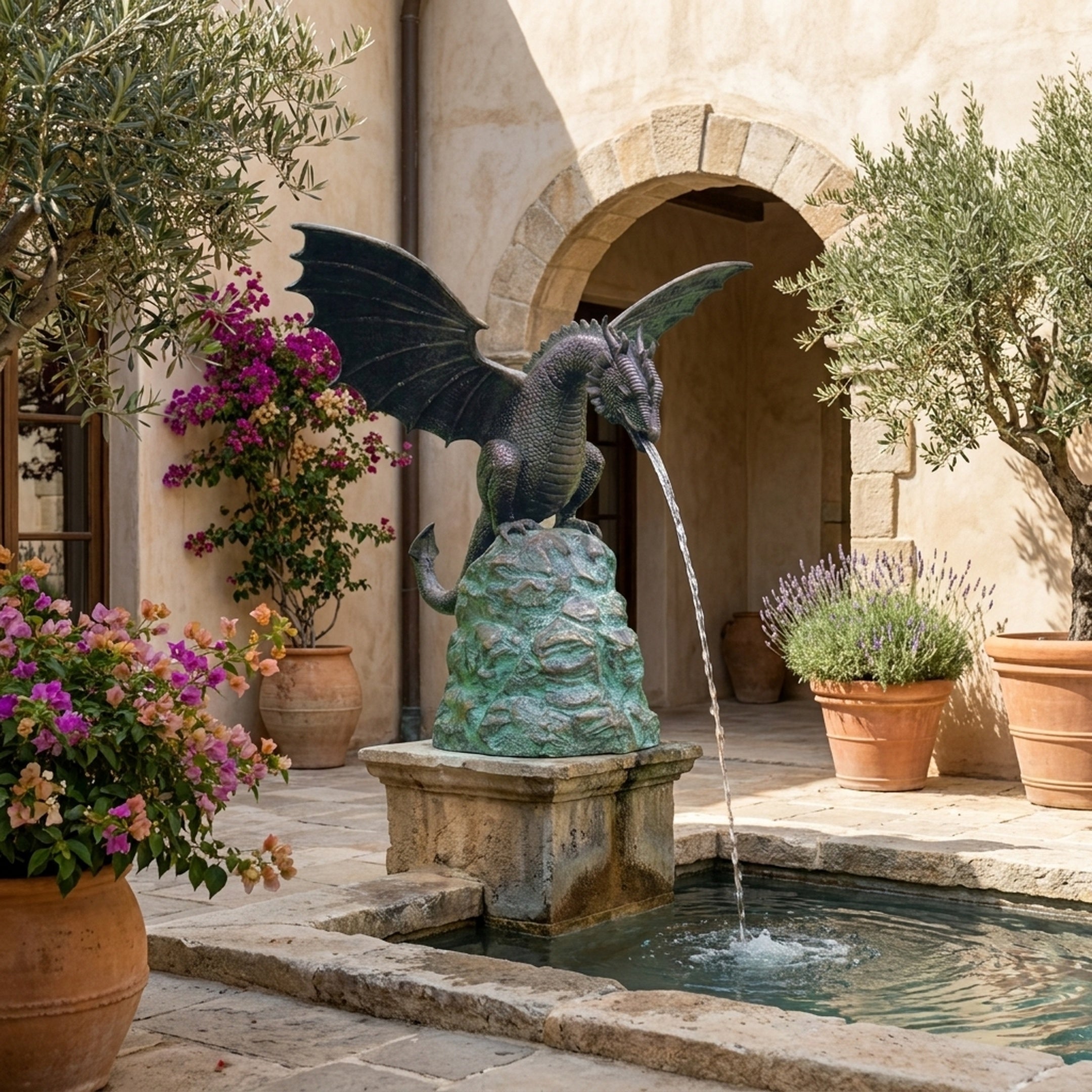 Giant Sculptures Traditional Winged Dragon Bronze Fountain 150cm with wings spread, streaming water into a stone pool in a Mediterranean courtyard.