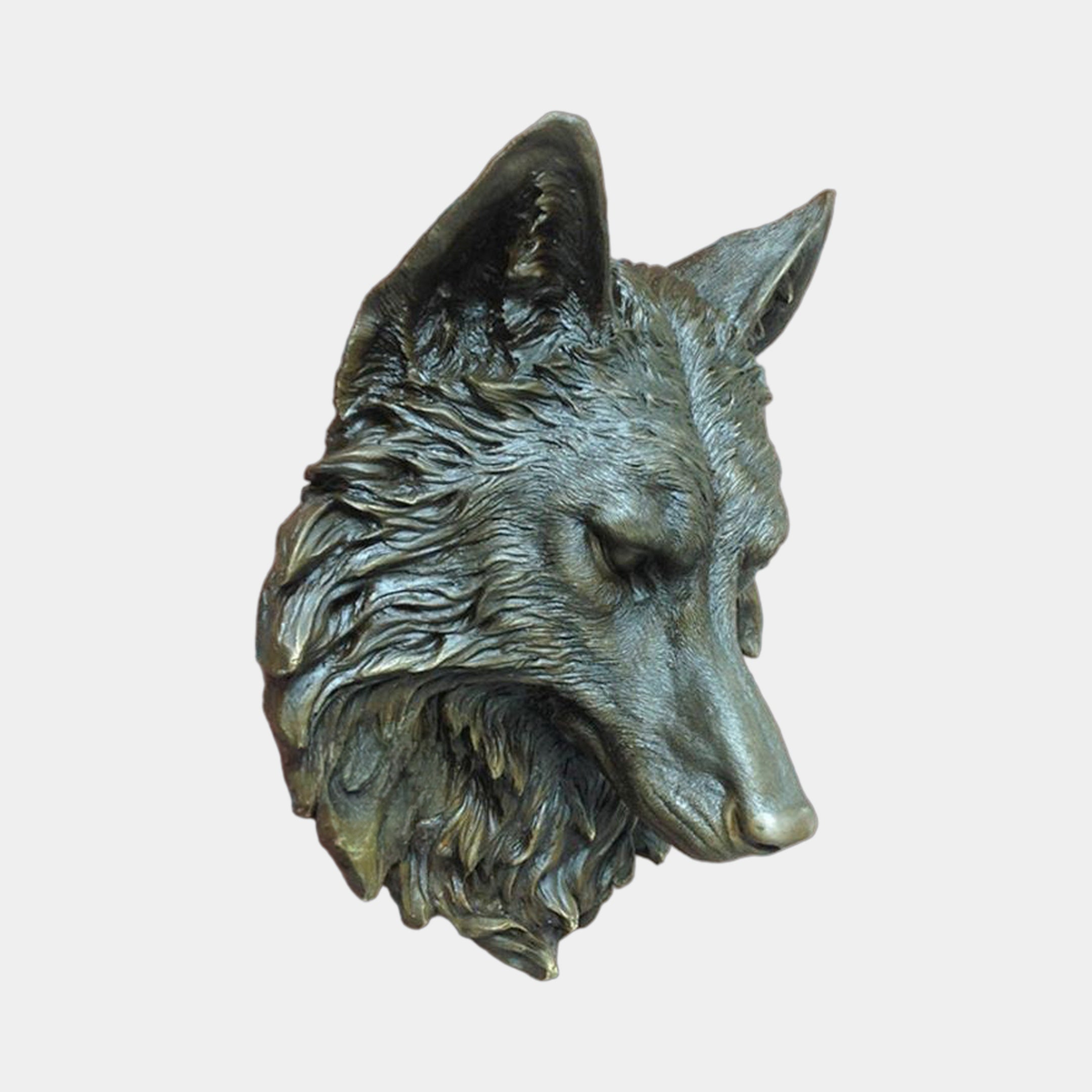 Traditional Wolf Head Bronze Sculpture by Giant Sculptures, 70cm wall-mounted bust in antique bronze with golden-brown patina, head lowered in left profile.