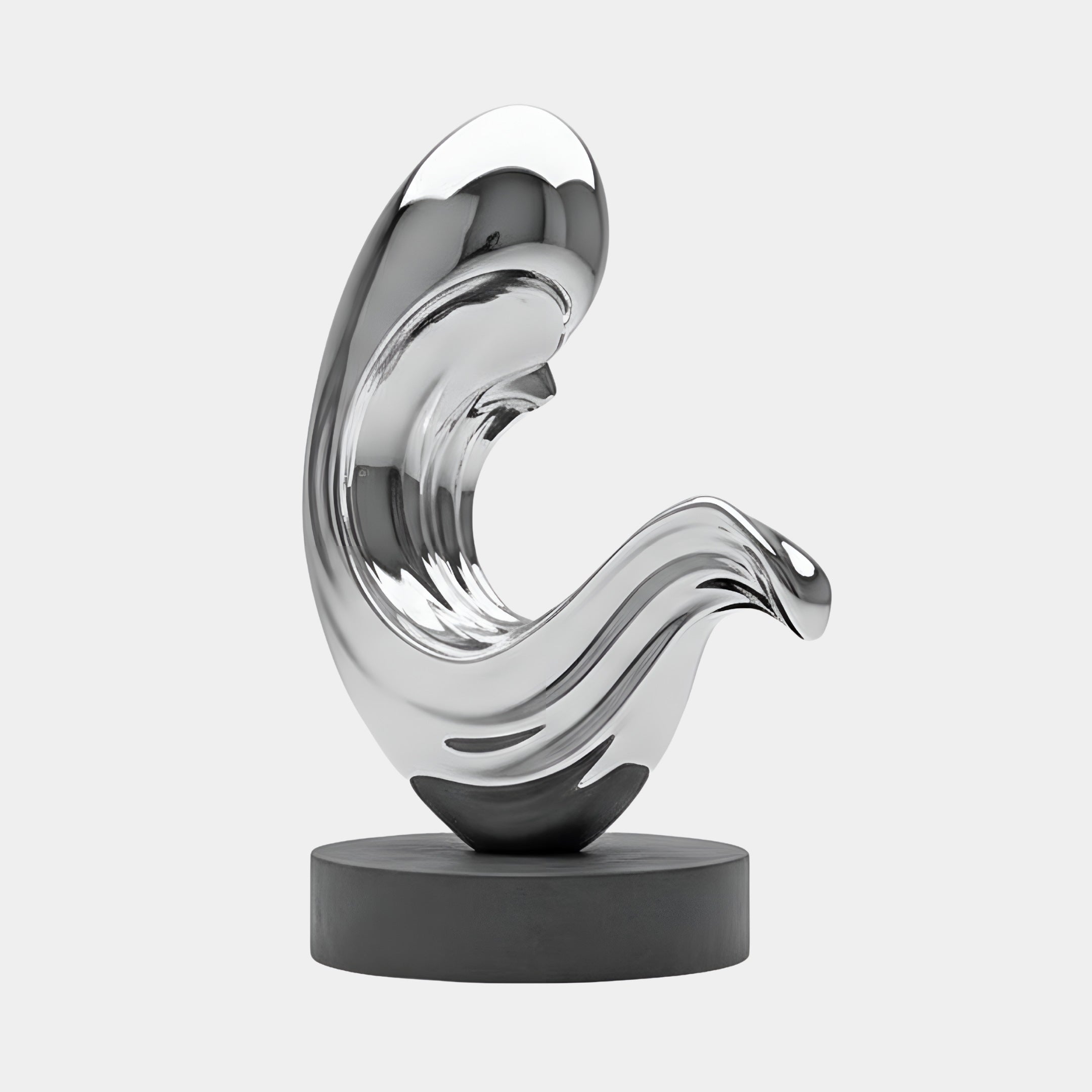 The Waveform Silver Abstract Steel Sculpture by Giant Sculptures stands 200cm tall, featuring polished steel curves resembling a wave or spiral, mounted on a round dark base against a plain white background.