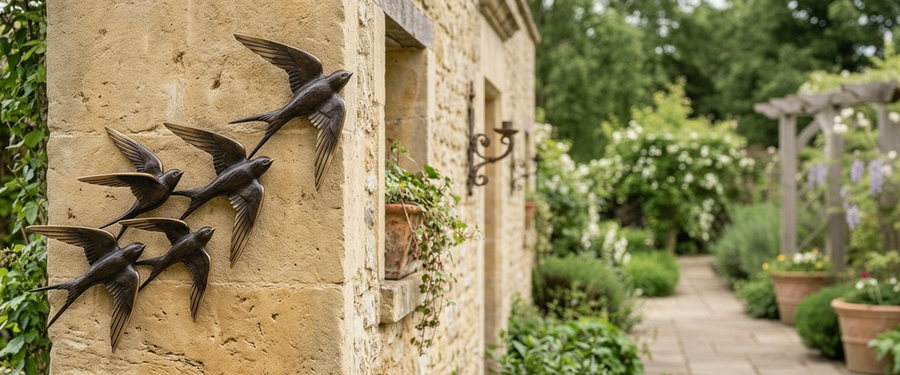 One Bird Stalls, Five Birds Fly: Hanging Bronze Bird Wall Art - bronze bird wall art