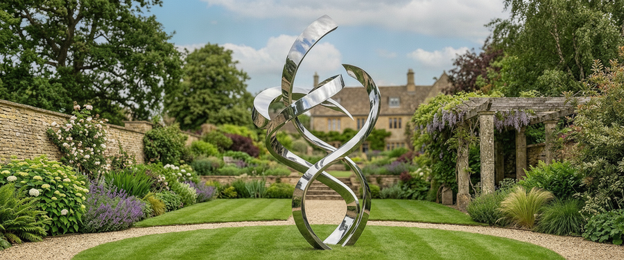 The Same Large Metal Abstract Sculpture in Three Metals, Ten Years on - large metal abstract sculpture
