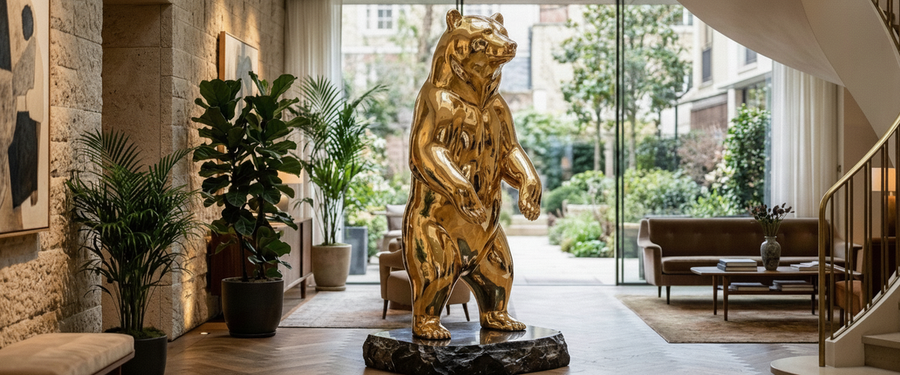 Why a Gold Bear Sculpture Needs a Dark Wall and a Low Pedestal - gold bear sculpture