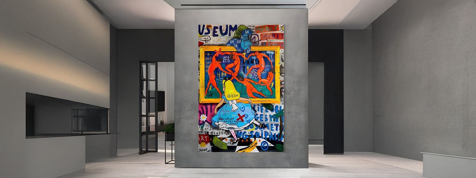 A modern art gallery with a large, colorful abstract painting on a gray wall. The painting features vibrant colors and varied shapes and text. The space is minimalist with a light floor and neutral walls.