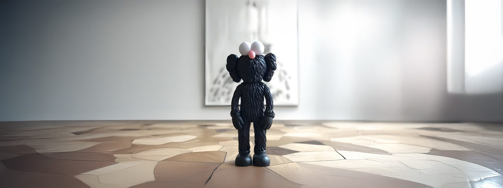 A black vinyl figure with exaggerated features and round white eyes stands on a wooden floor in a minimalist room. There is a blurred abstract painting on the wall behind.