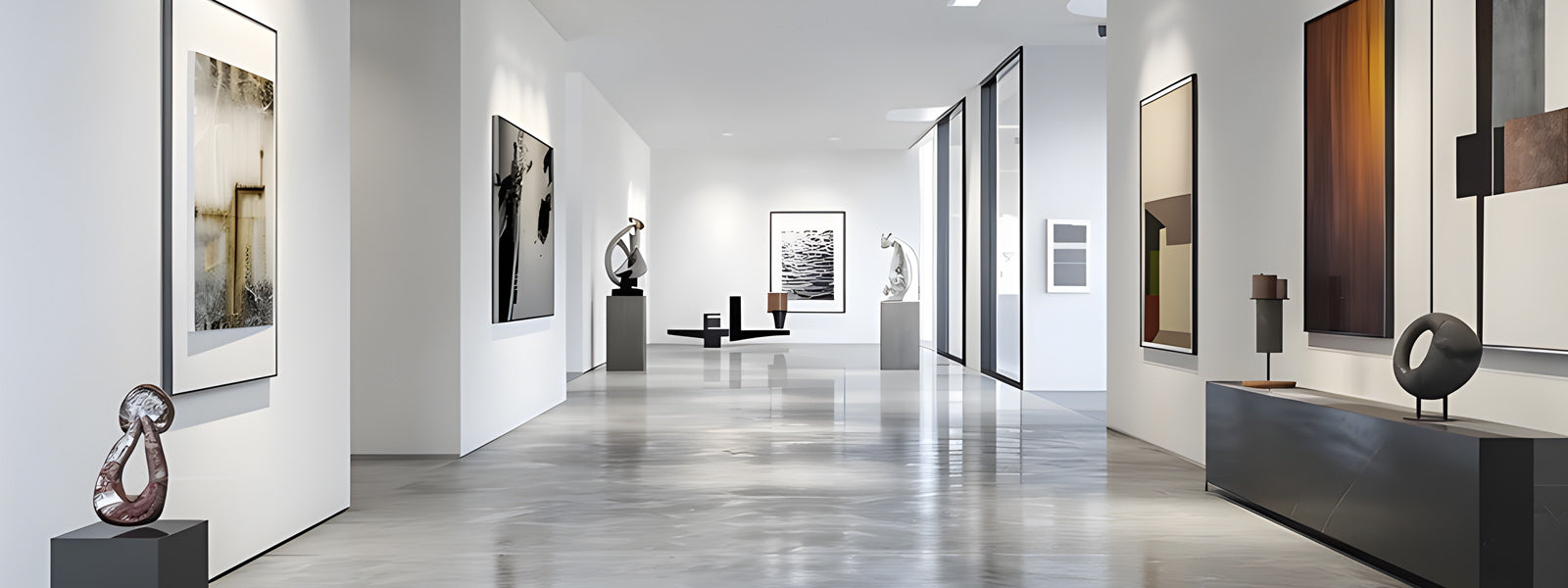 A sleek, modern art gallery with abstract paintings and sculptures. The bright space features white walls, polished floors, and minimalist design elements, creating an open and inviting atmosphere.