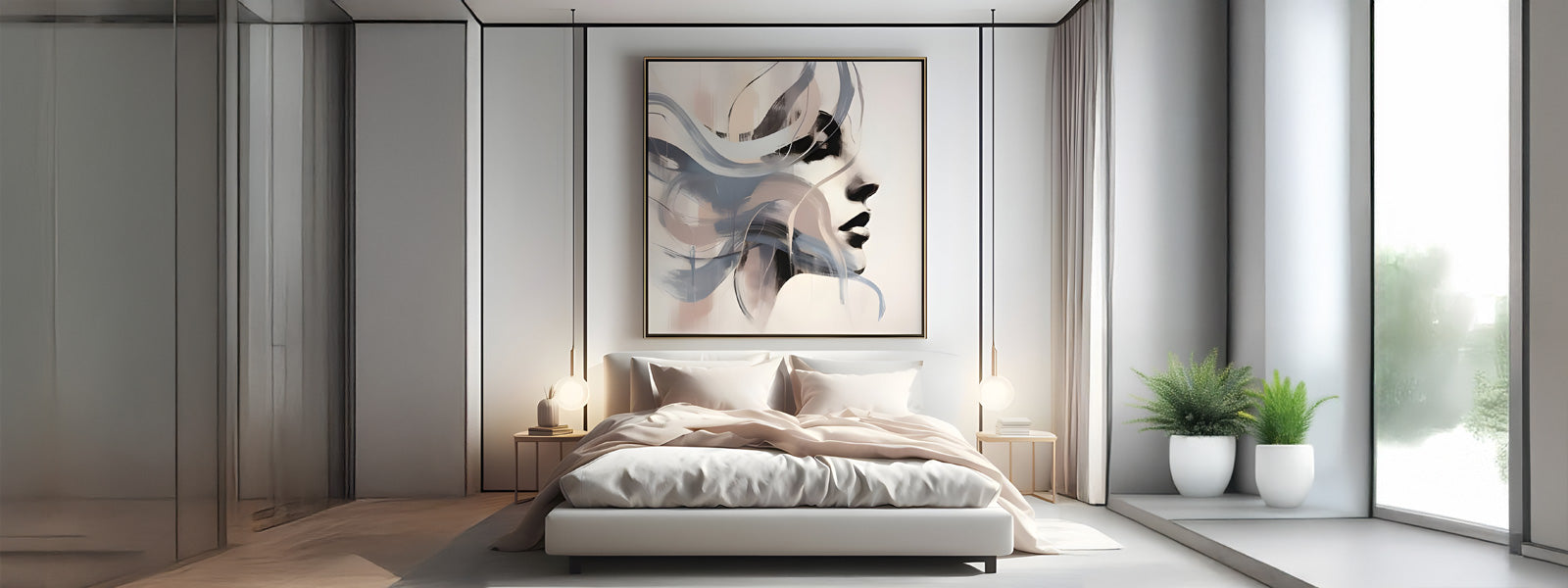 Modern bedroom with a large abstract painting of a face above the bed. Minimalist decor features soft lighting, two bedside tables, and potted plants by tall windows. Neutral tones create a serene atmosphere.