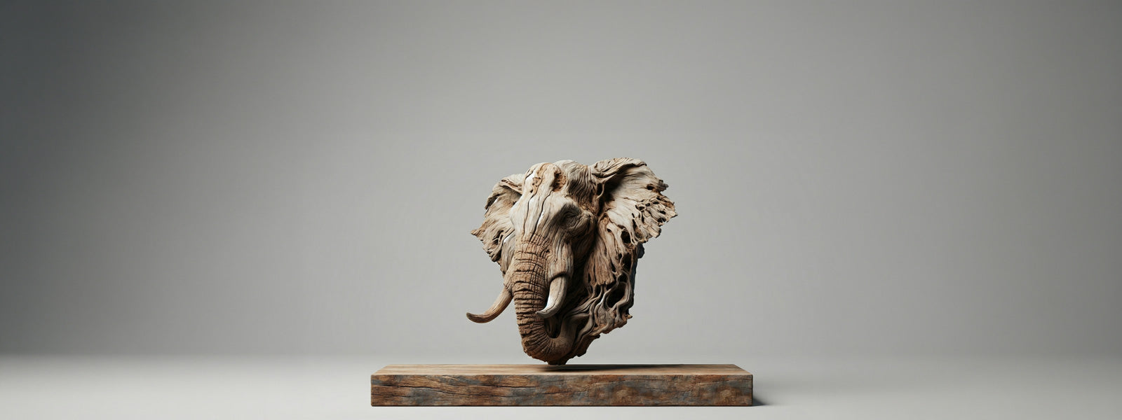 Carved elephant head sculpture with textured trunk, single tusk, and fanned ears in a weathered driftwood finish on a rustic wooden base.
