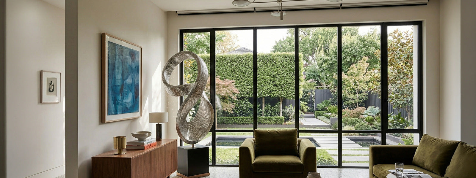 A modern sculpture with an abstract, metallic design stands on a circular platform. It is indoors, surrounded by marble walls, soft lighting, and a small leafless tree in a minimalist setting.