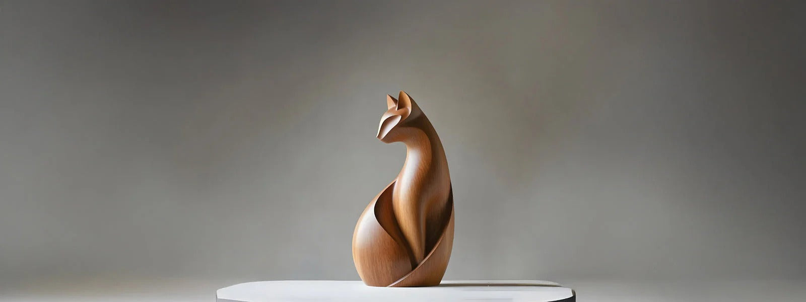 Minimalist cat sculpture with smooth flowing curves and warm brown wood-tone finish, seated upright on a white pedestal against a soft grey studio background.