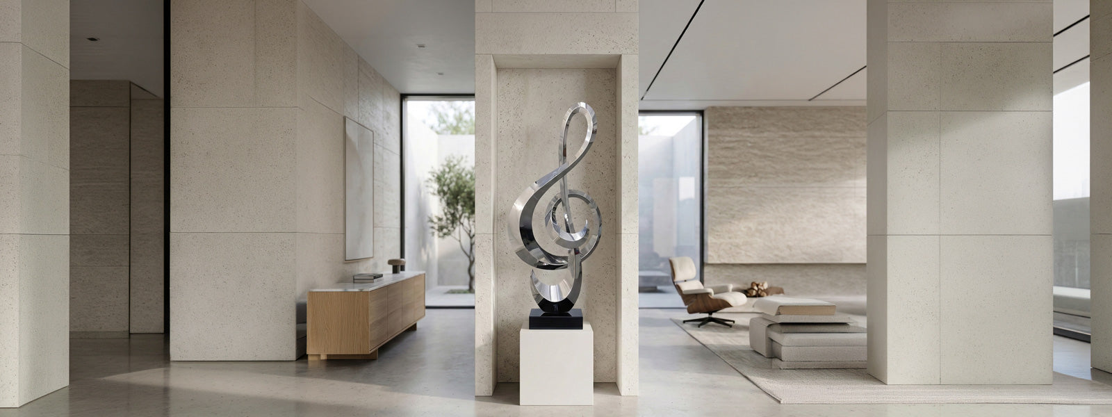 Polished stainless steel sculpture featuring an abstract treble clef design, displayed on a black pedestal in a modern indoor setting with a glass partition and minimalist decor.
