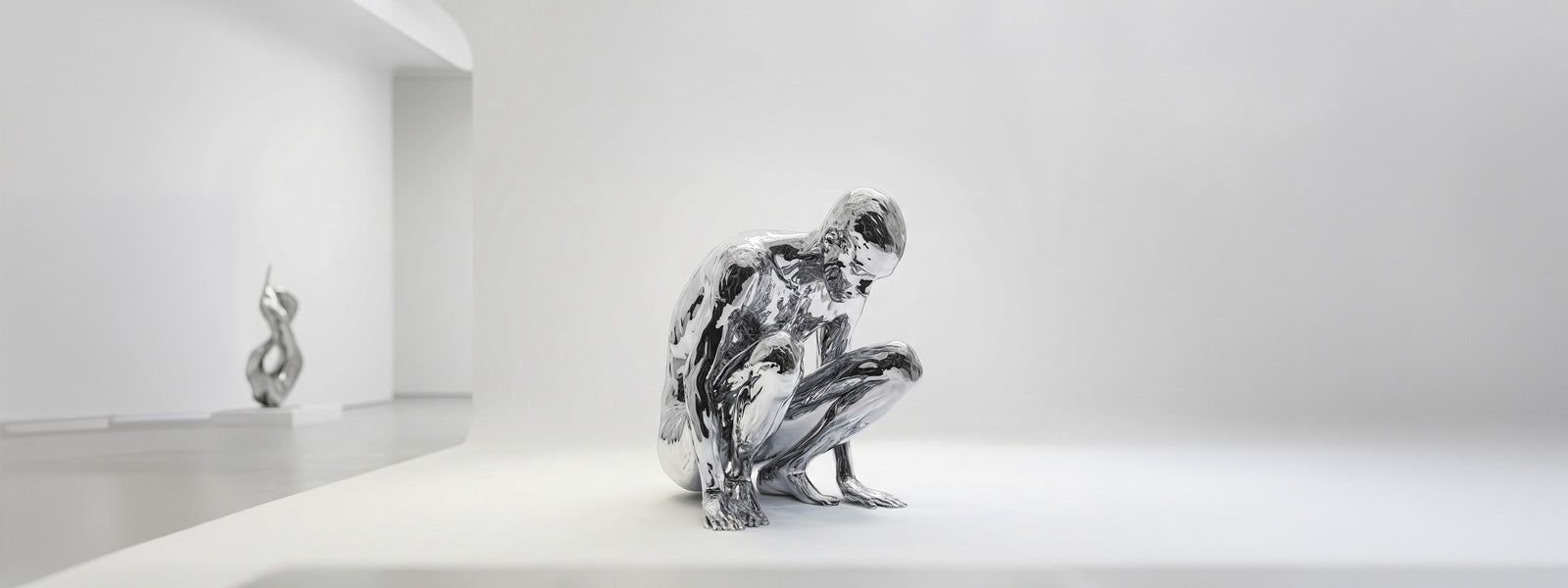 Mirror-polished stainless steel crouching human figure sculpture on a white platform in a minimalist gallery with a smaller abstract piece behind it.