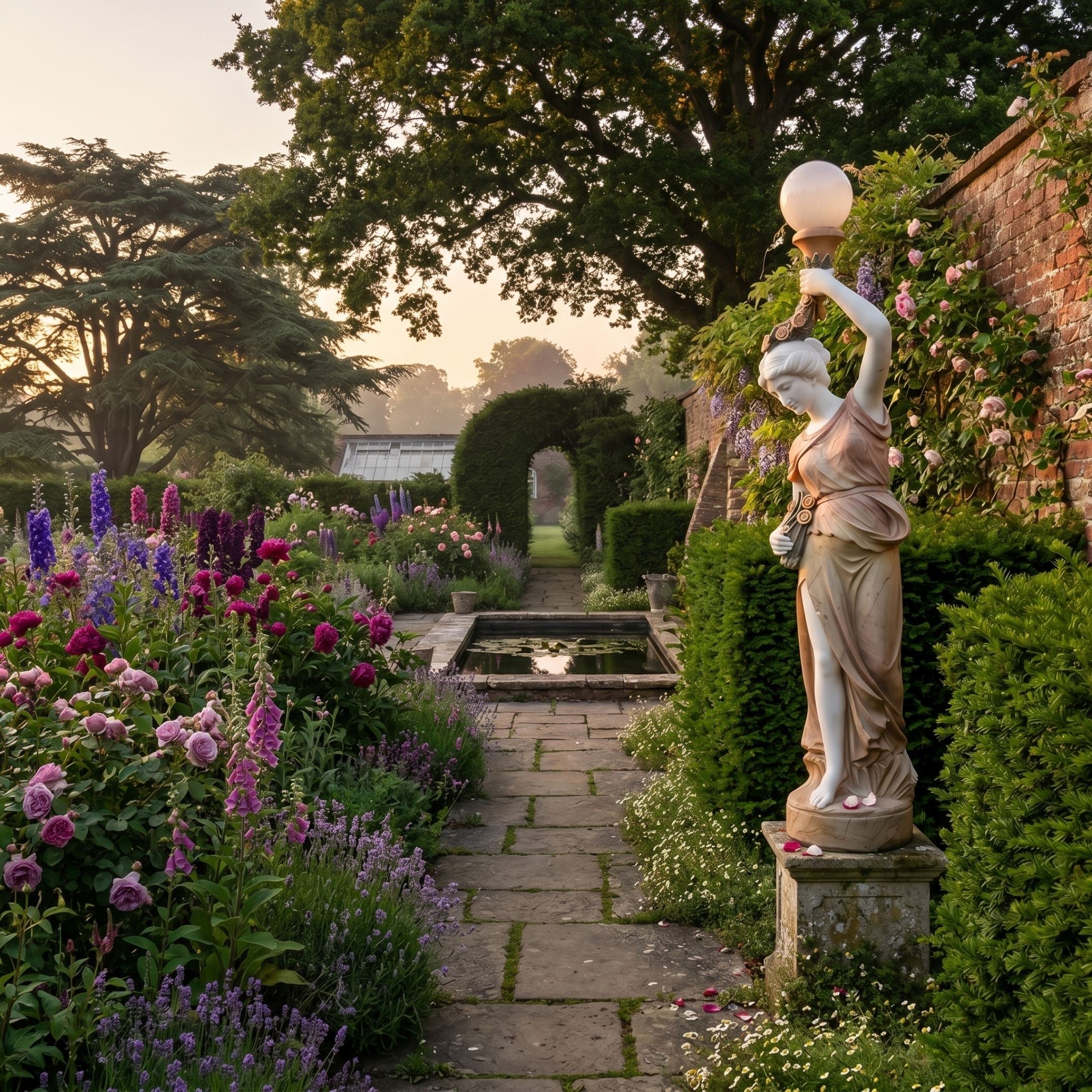 Giant Sculptures Dancing Lady Lamp Marble Sculpture 180cm in a walled garden, draped figure holding a globe lamp aloft beside a pond and floral path.