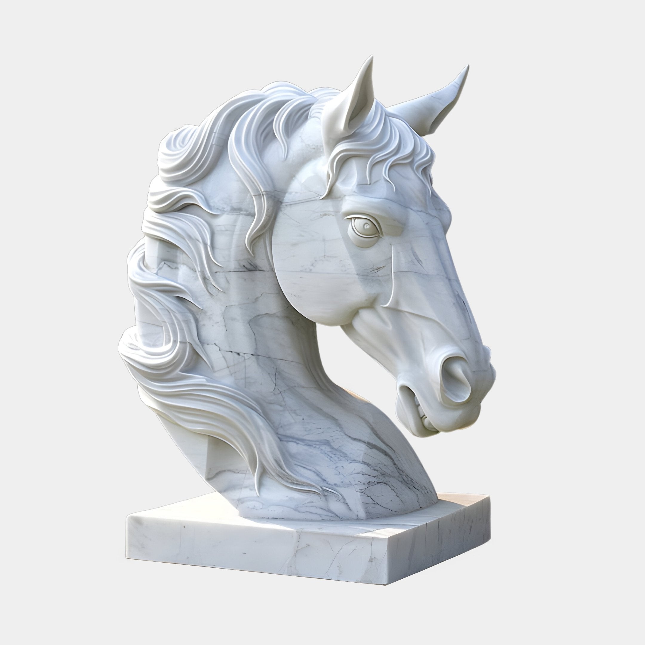 The Regal Horse Head White Marble Outdoor Sculpture by Giant Sculptures is a 120cm piece showcasing an intricately carved horses head with a flowing mane on a square base, featuring expressive details and subtle gray veins.