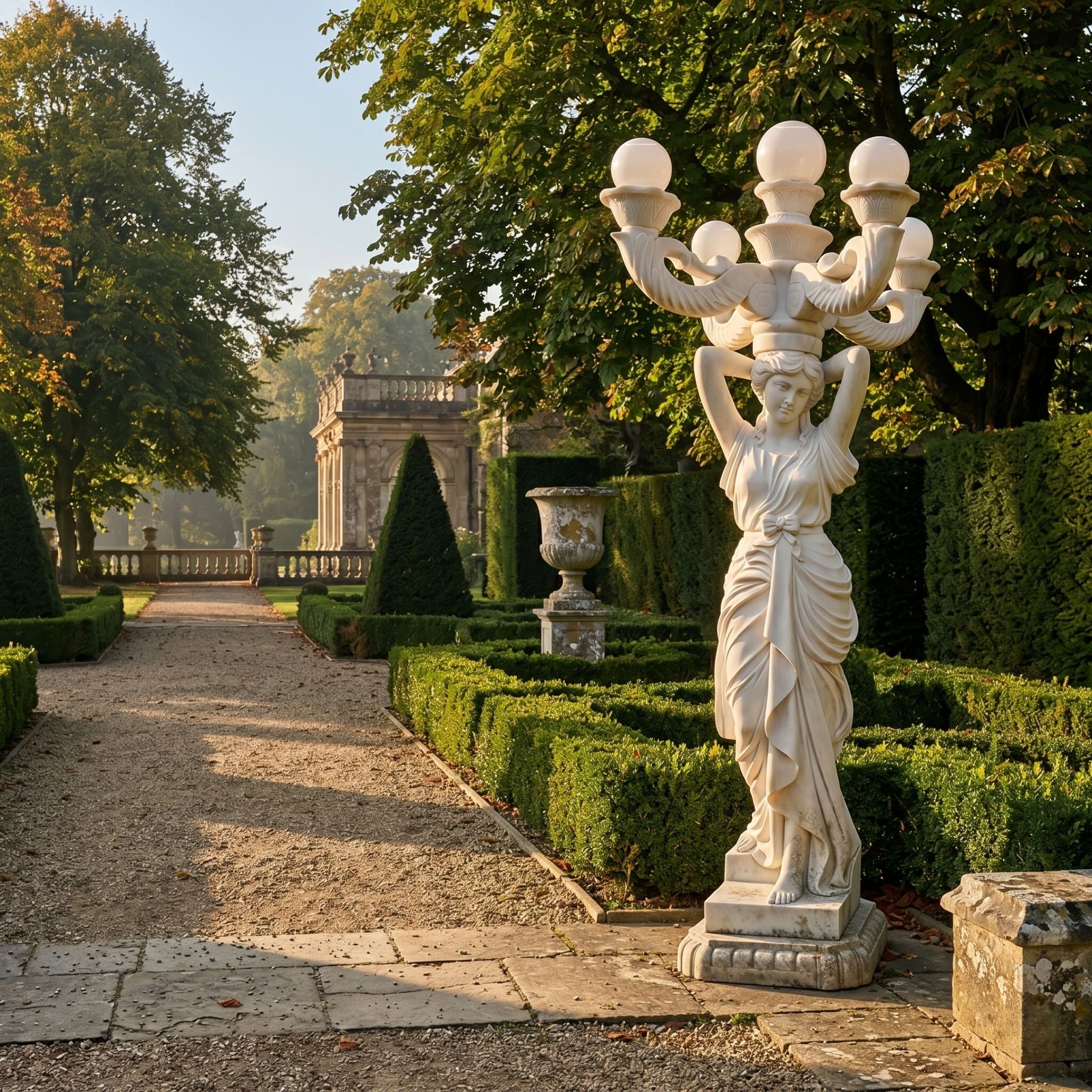 Giant Sculptures 230cm Classical Woman Marble Lamp Sculpture with five frosted globe lights, displayed on a pedestal in a formal hedged garden at sunrise.