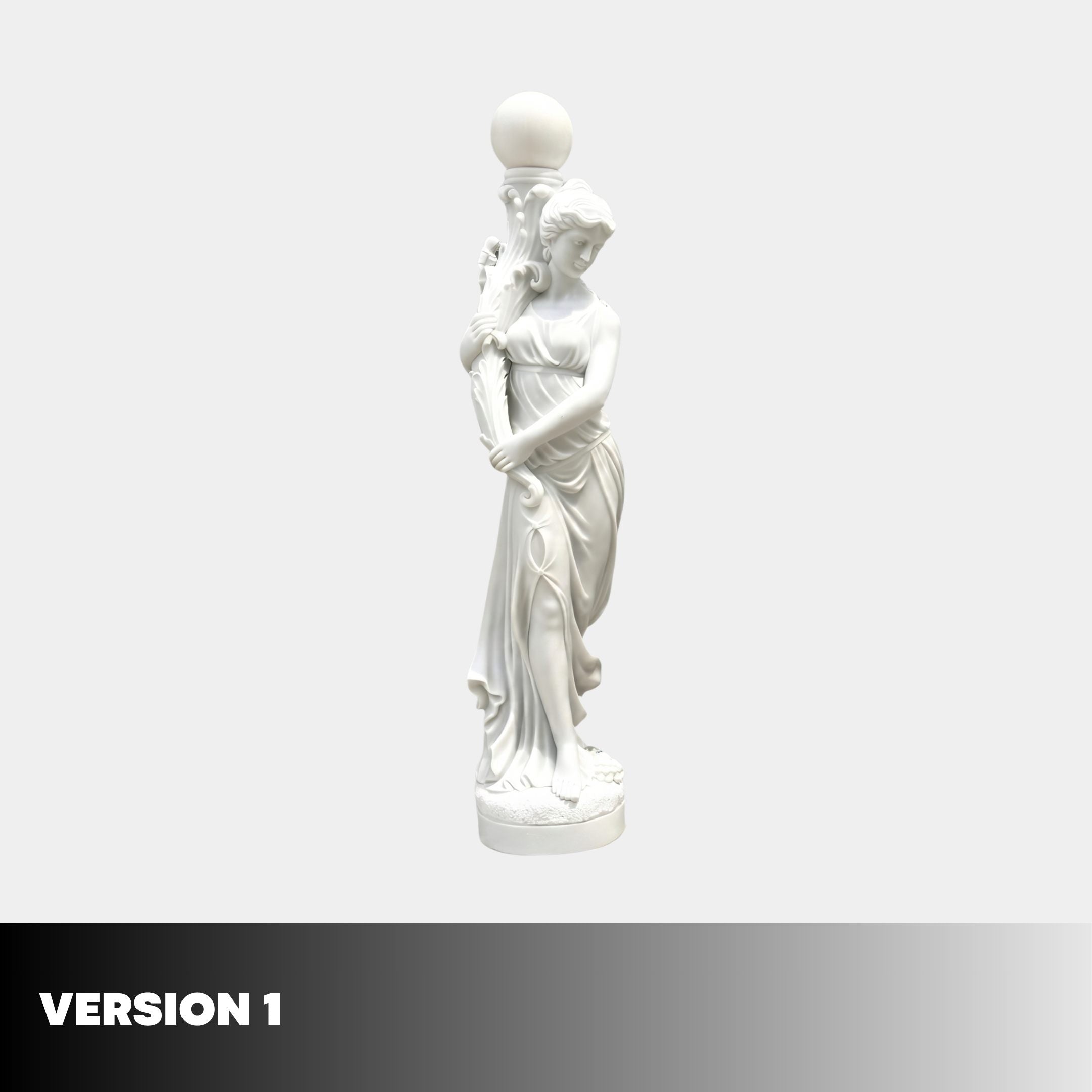 Giant Sculptures' 210cm Female Figure Lamp Marble Sculpture shown from a side angle, with the draped woman holding a globe lamp aloft on a round base.