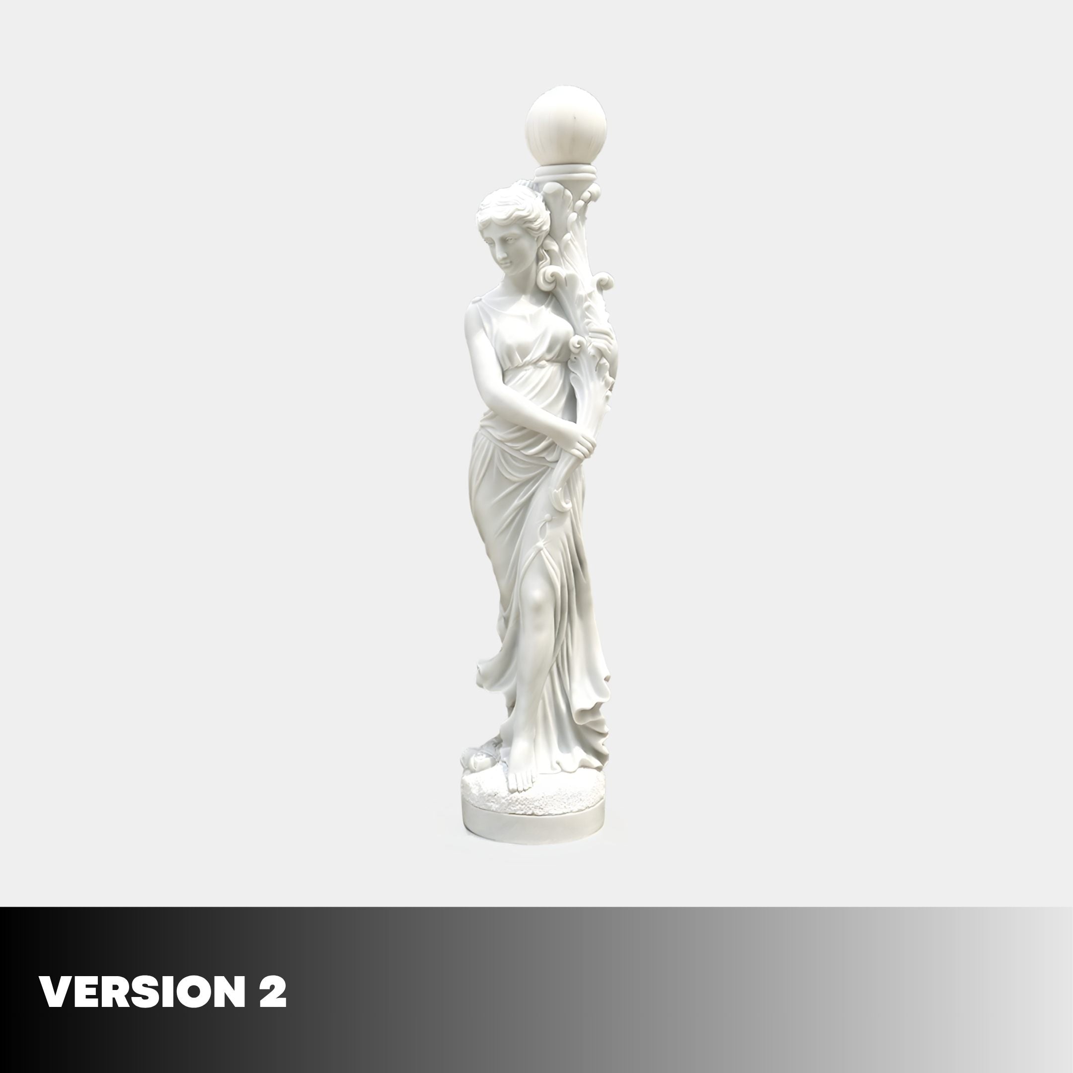Giant Sculptures 210cm Female Figure Lamp Marble Sculpture in white, shown from a side angle holding a globe lamp aloft on a round base against a light background.
