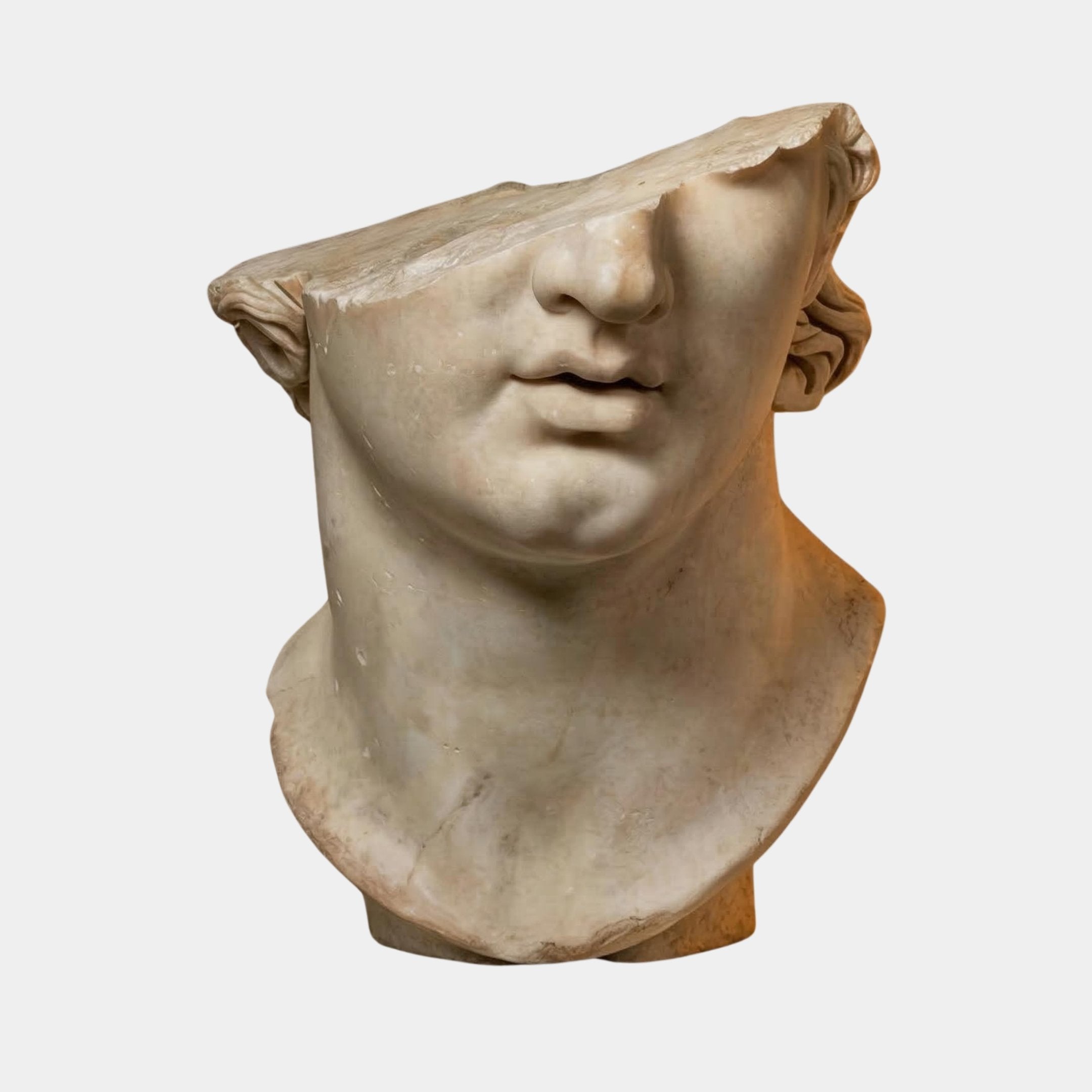 The Antique Fragment Head Marble Sculpture - 50cm by Giant Sculptures showcases a marble head fragment with the upper section missing, revealing only the lower face, ears, and neck against a plain white backdrop.