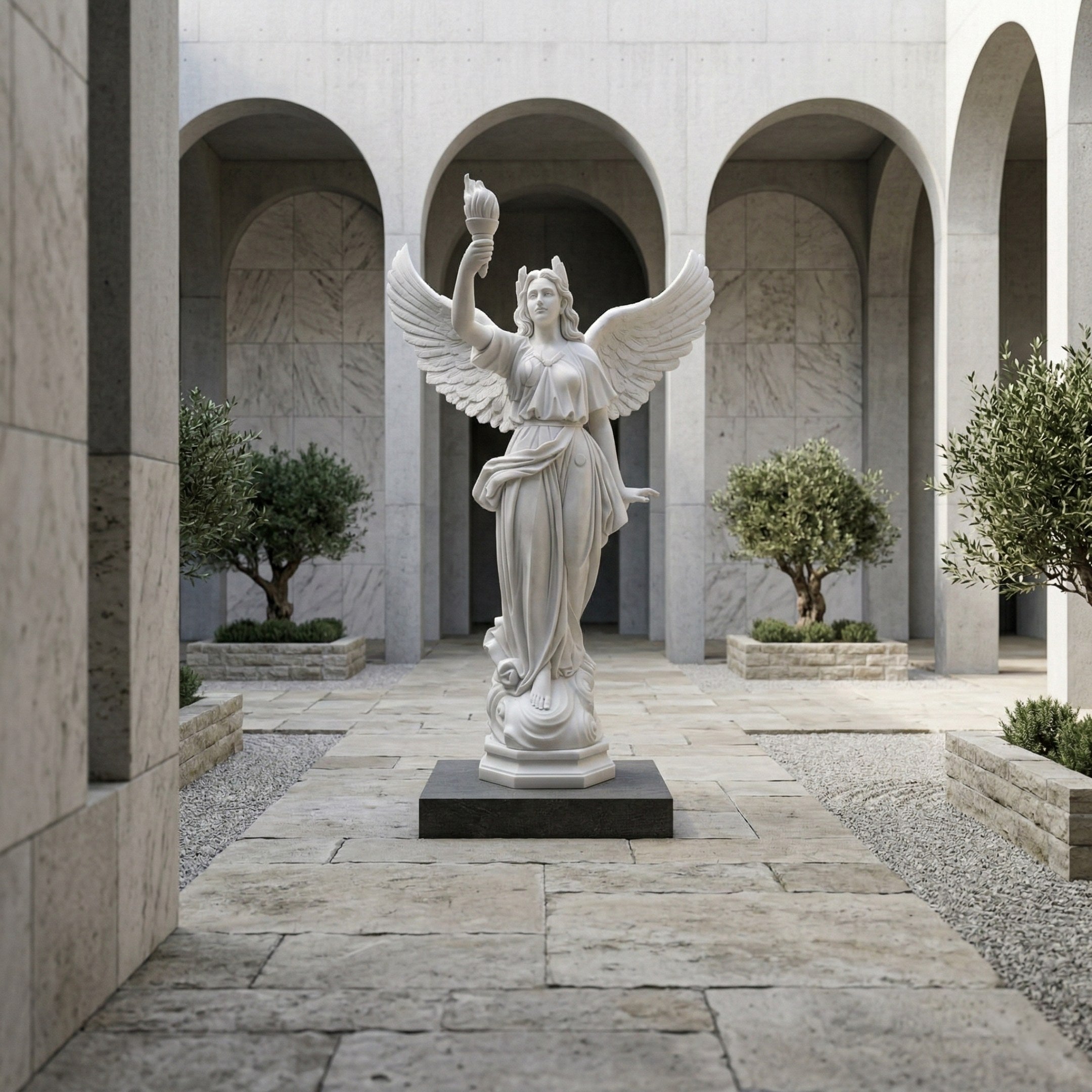 The Victory Torch Angel Marble Outdoor Sculpture (220cm) by Giant Sculptures stands in a stone courtyard with arched walkways and olive trees, adding a serene and elegant touch to any garden memorial.