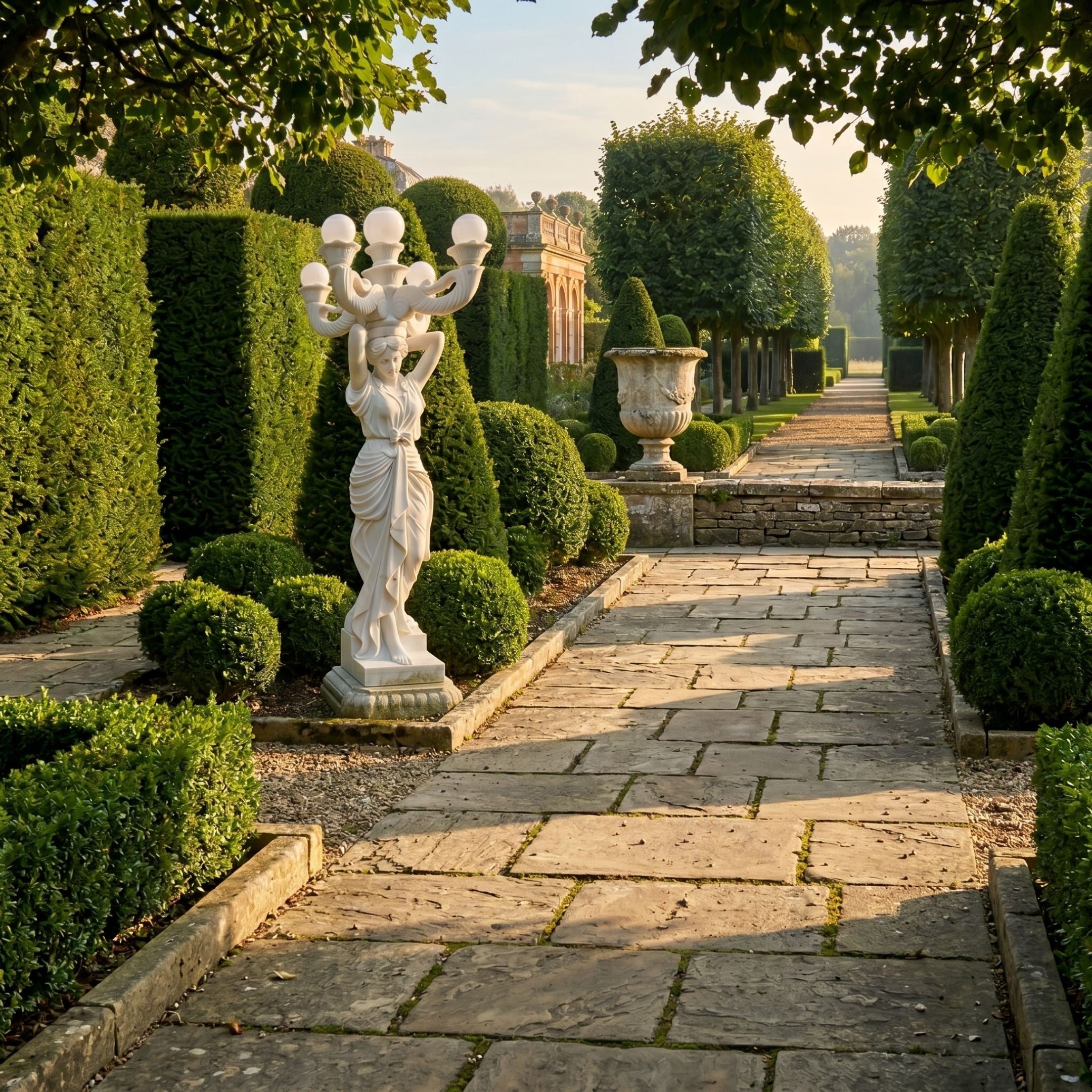 Classical Woman Lamp Marble Sculpture 230cm by Giant Sculptures, white draped figure holding five globe lamps, beside a stone path in a topiary garden.
